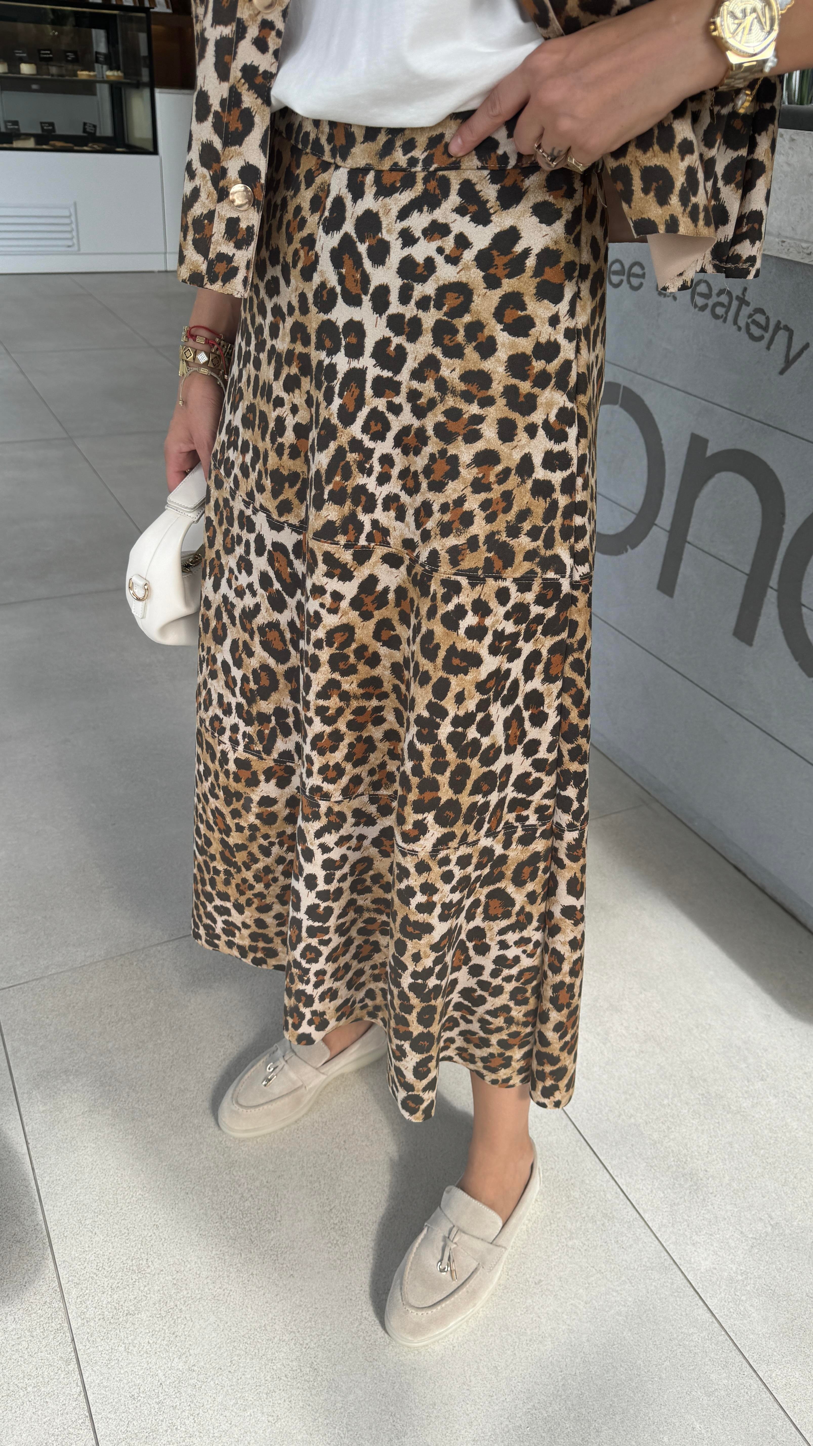 Leopar Desen Parçalı Nubuk Etek ETEK