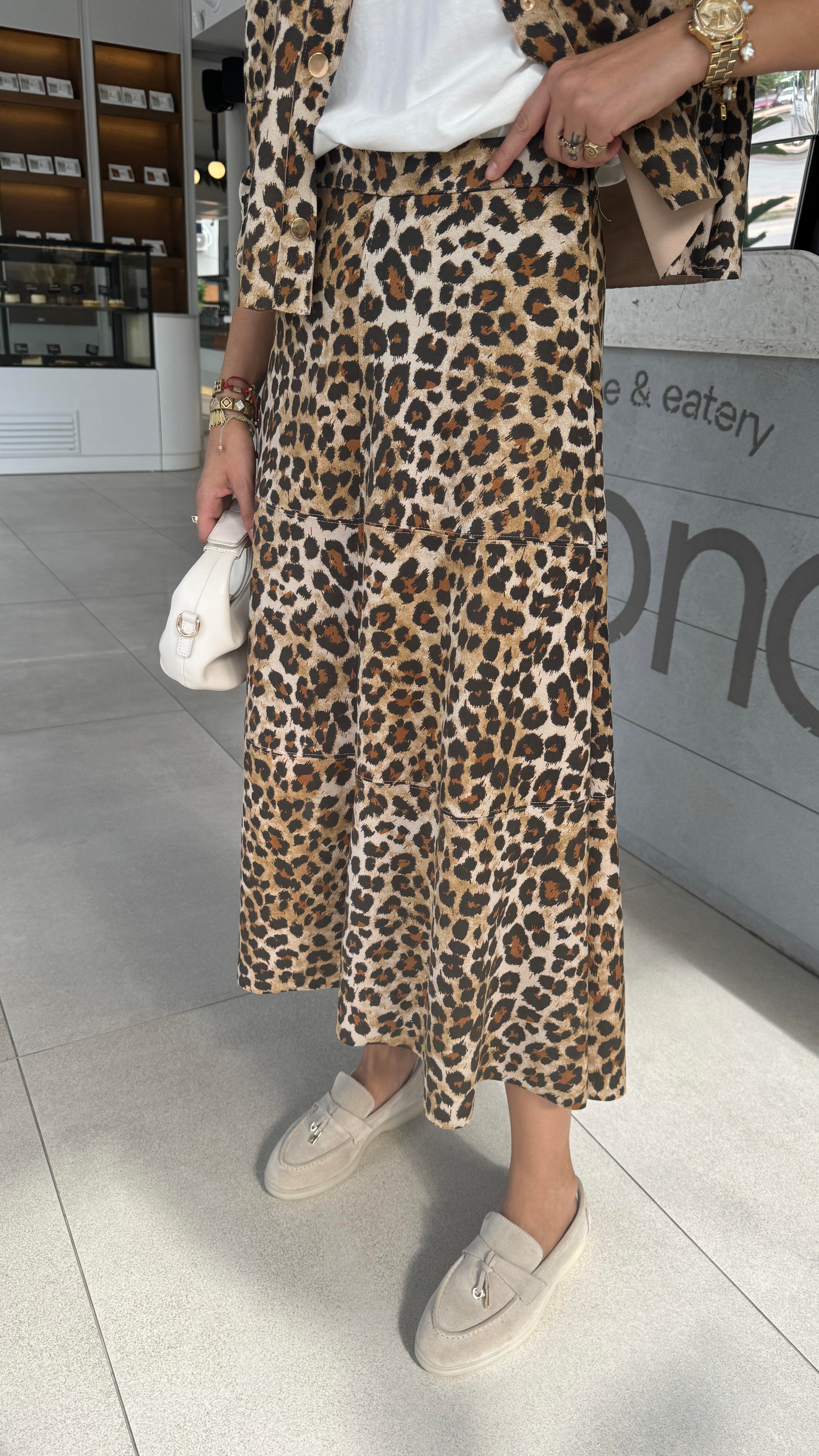 Leopar Desen Parçalı Nubuk Etek ETEK