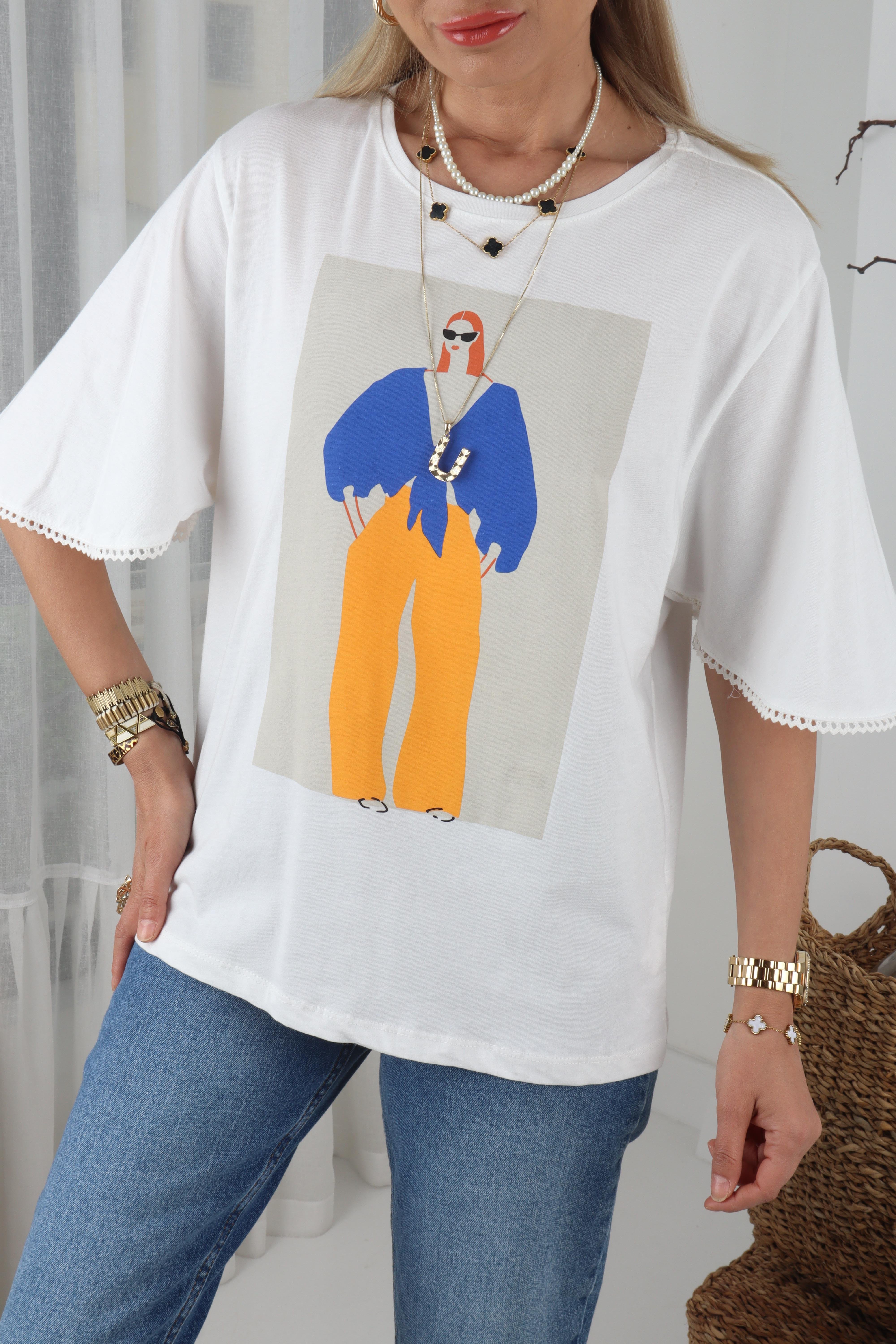 Mavi Turuncu Kadın Baskılı Ekru Tshirt T-SHİRT