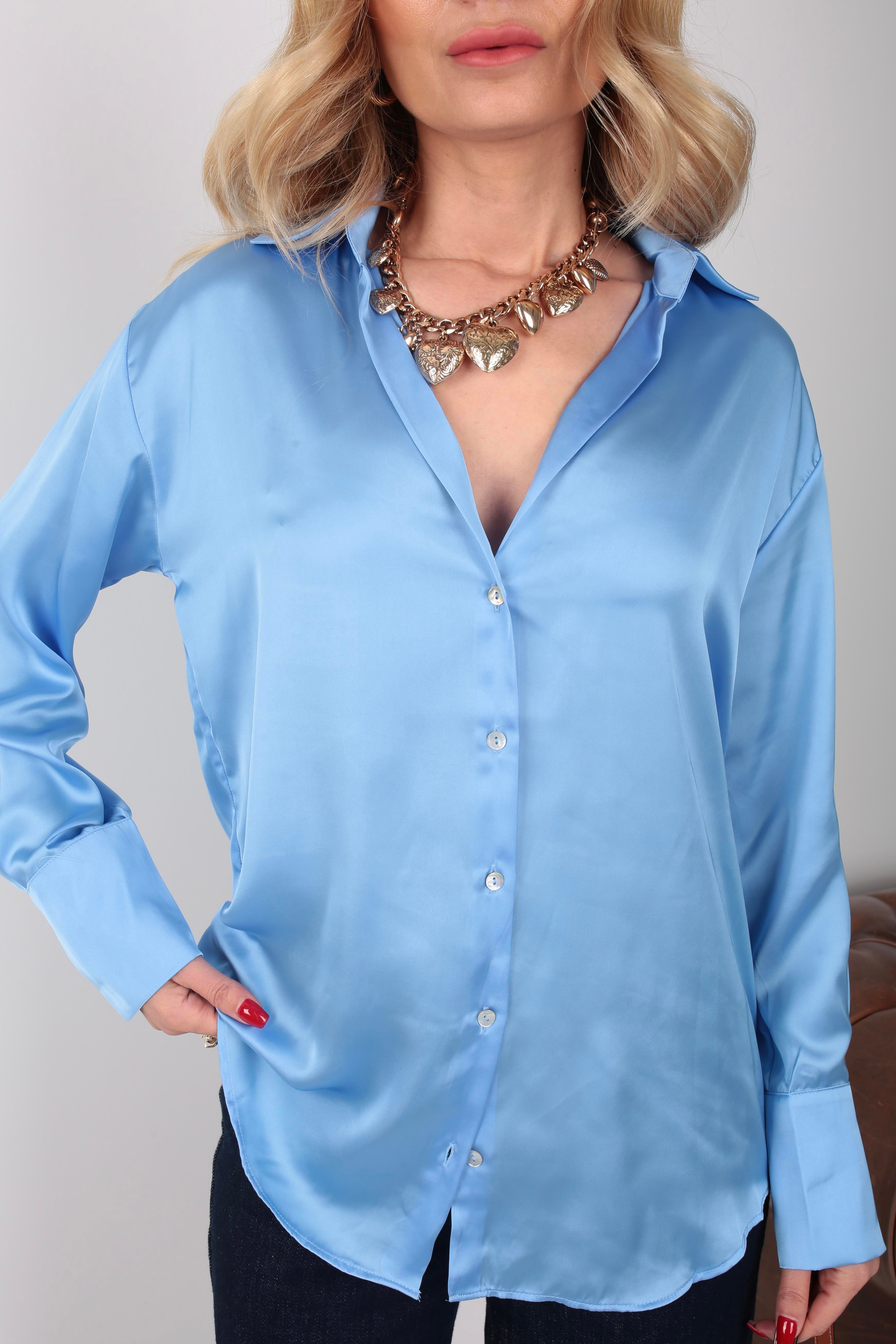 Mavi V Yaka Saten Gömlek GÖMLEK