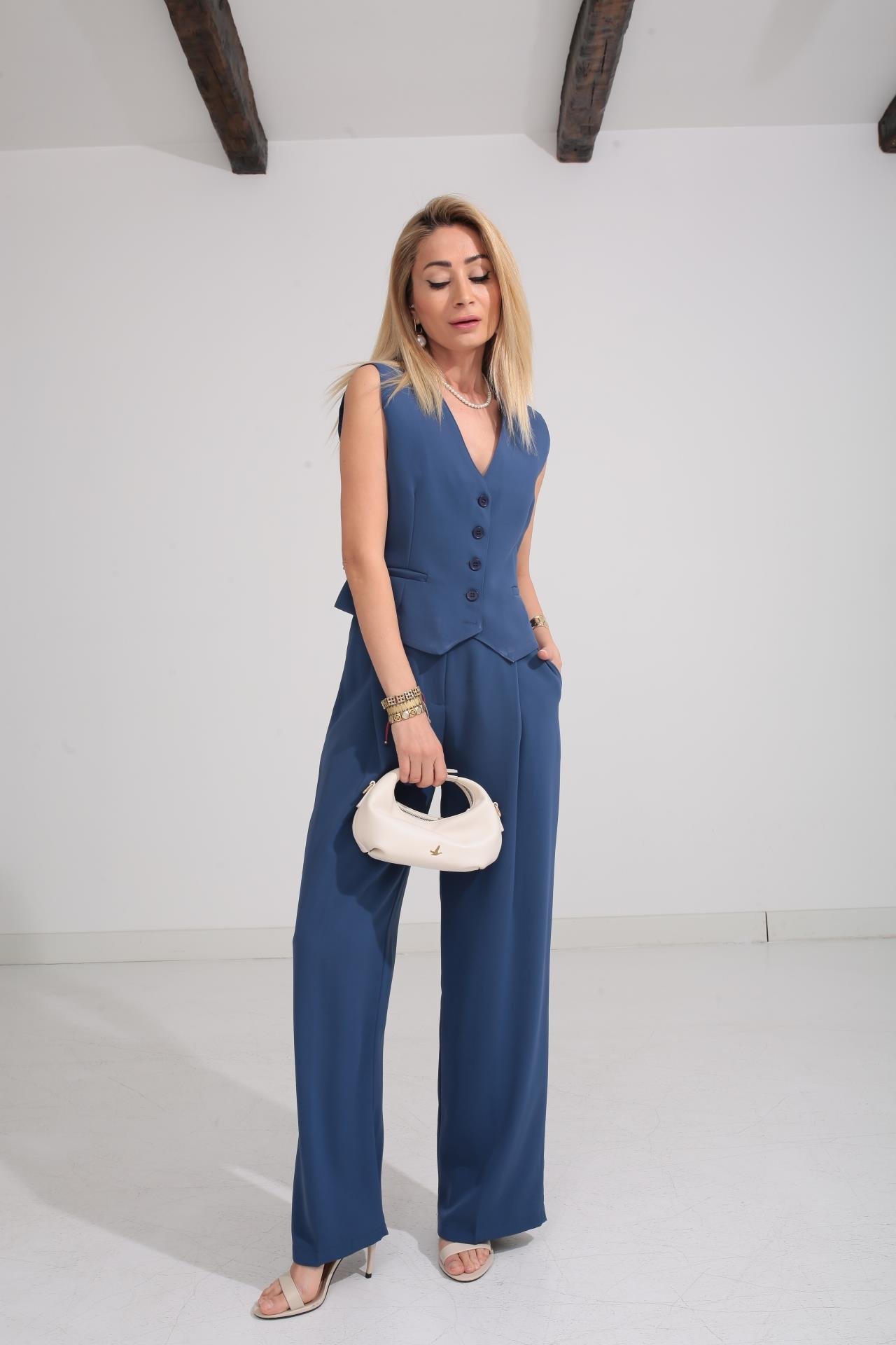 Mavi Yelekli Palazzo Pantolonlu Takım TAKIM