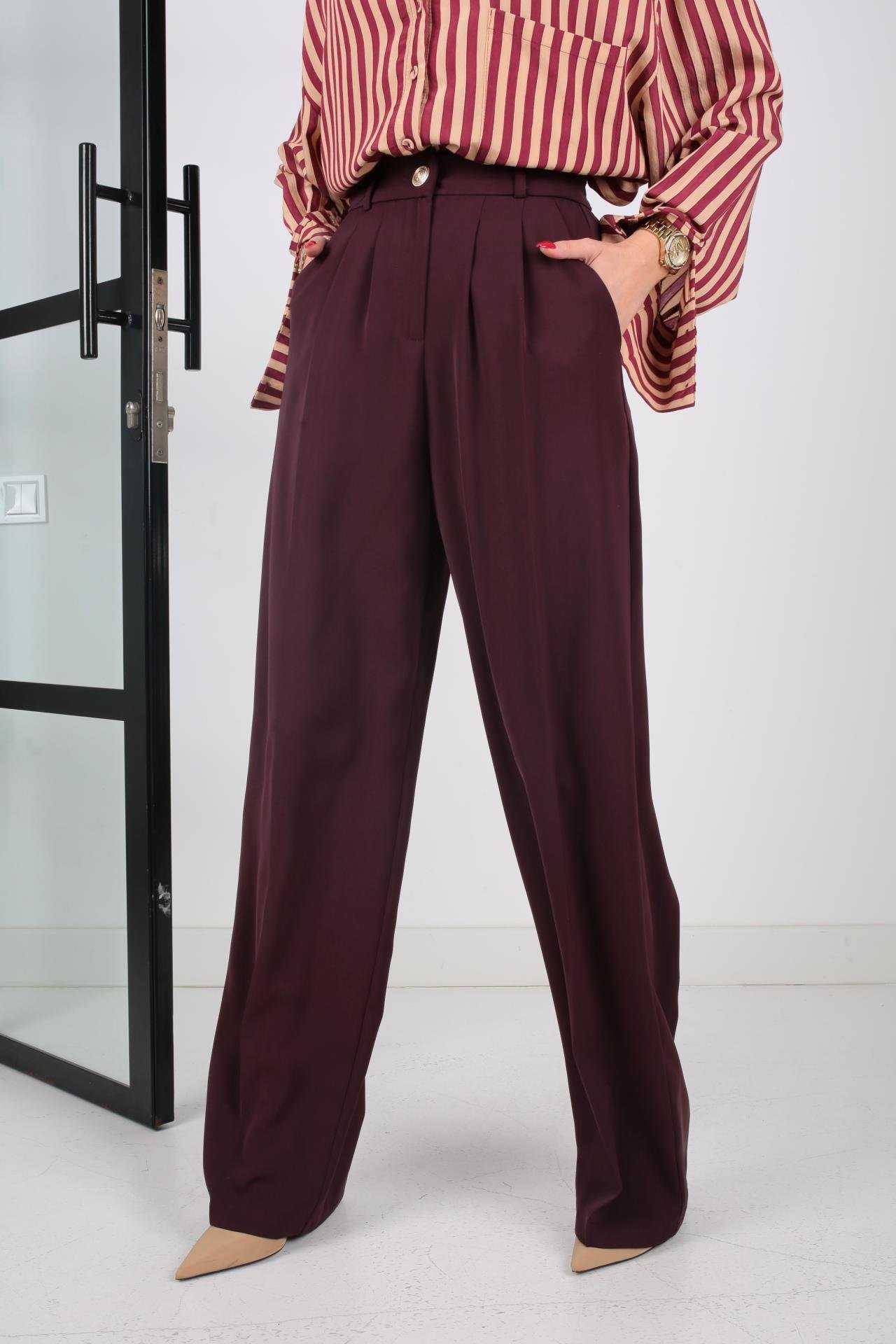 Mürdüm Gold Düğmeli Yarım Lastik Palazzo Pantolon PANTOLON