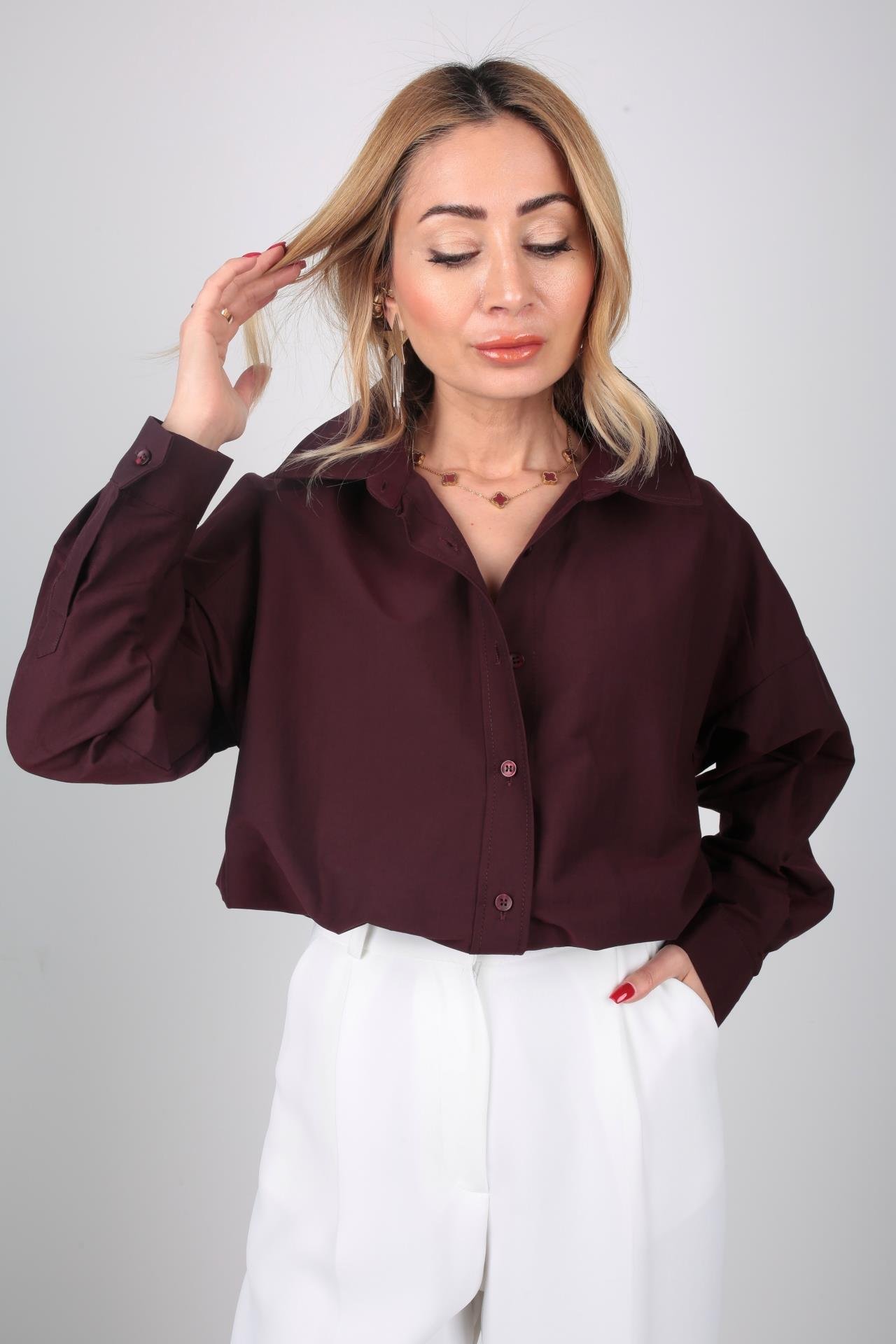 Mürdüm Oversize Yanı Yırtmaçlı Gömlek GÖMLEK