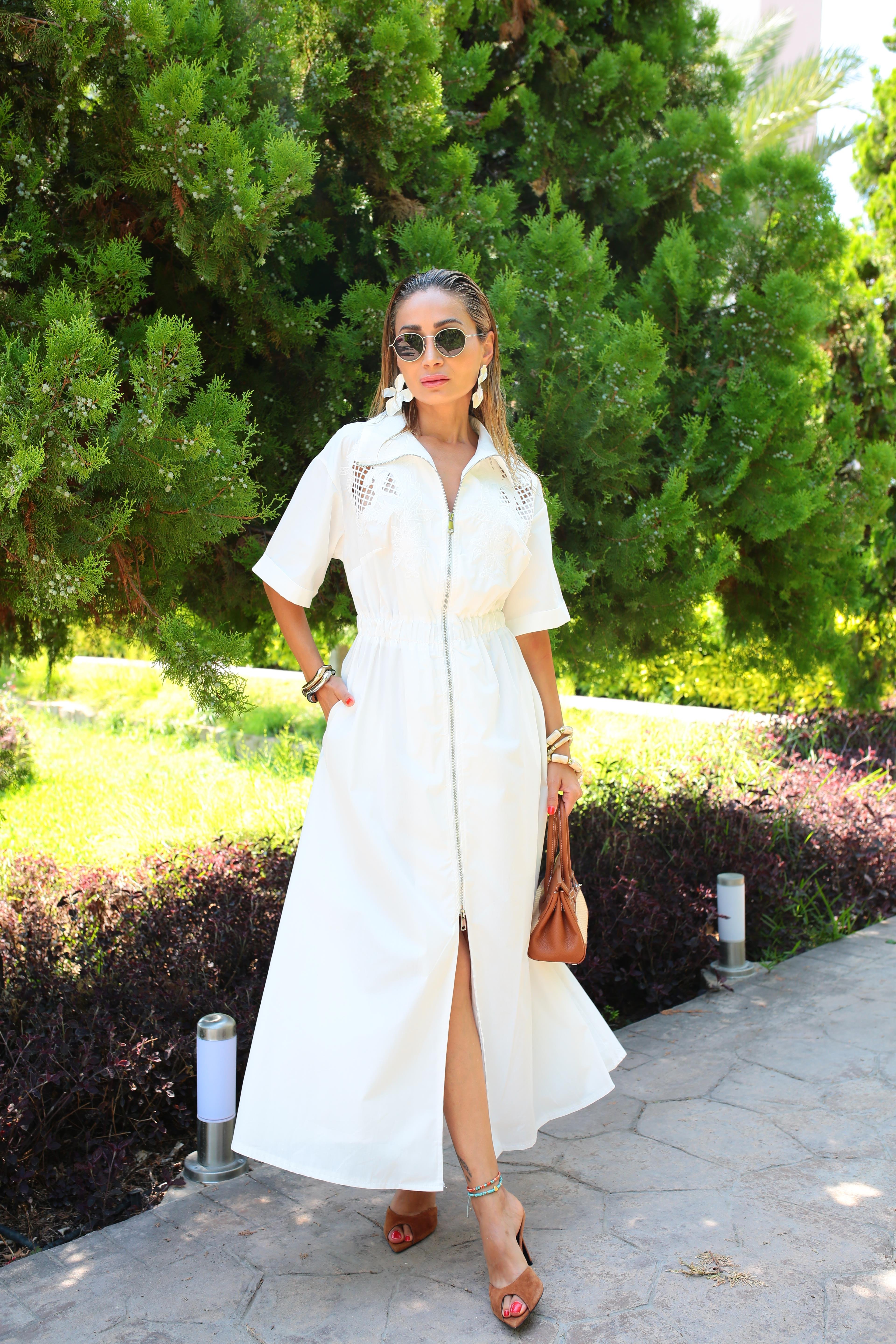 Nakış İşli Boydan Metal Fermuarlı  Beyaz Elbise ELBİSE | NO33