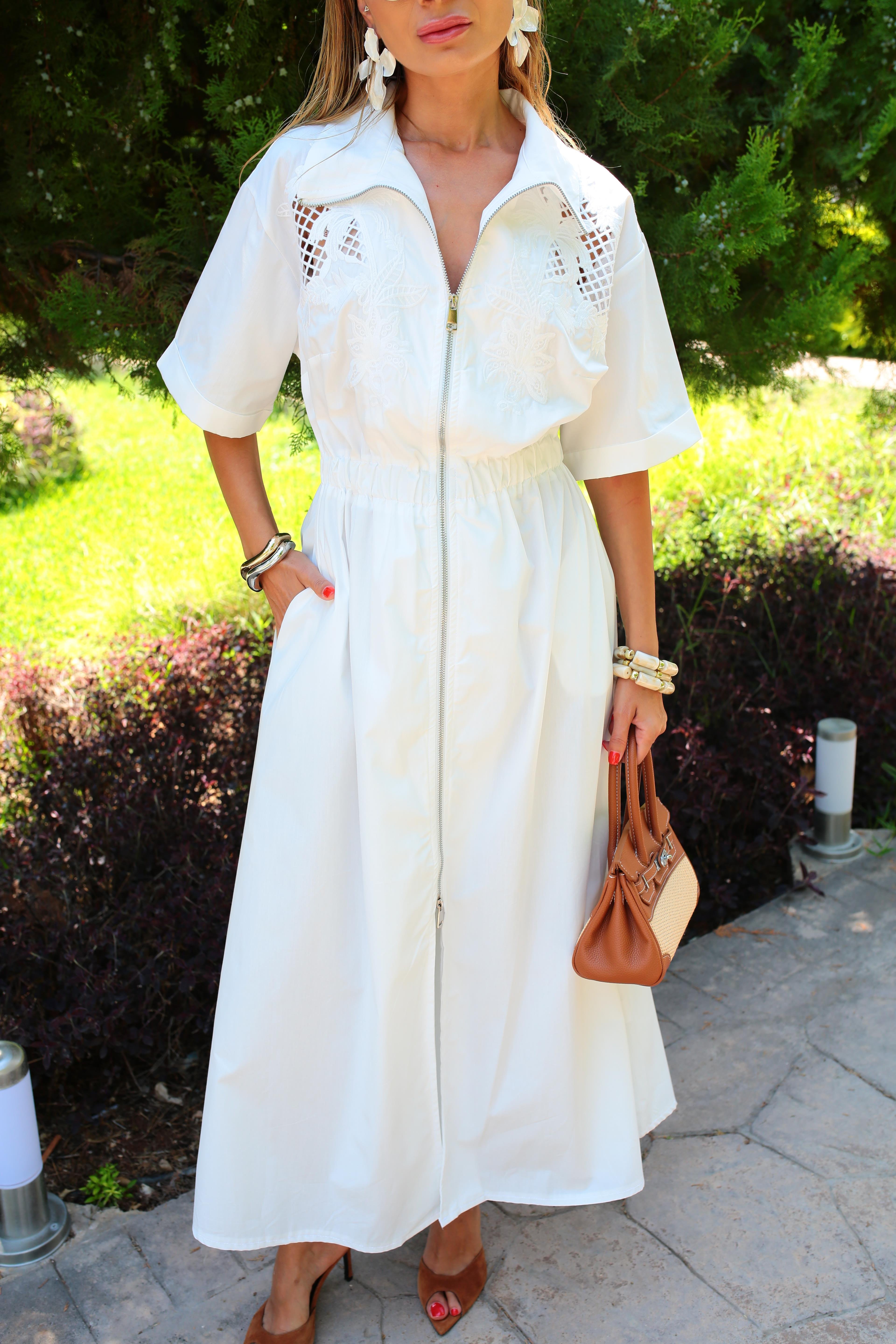 Nakış İşli Boydan Metal Fermuarlı  Beyaz Elbise ELBİSE | NO33