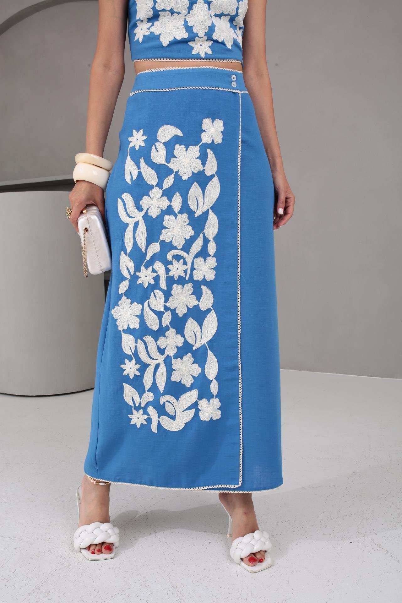 Nakış İşli Kruvaze Kapama Mavi Etek Crop Takım TAKIM | NO33