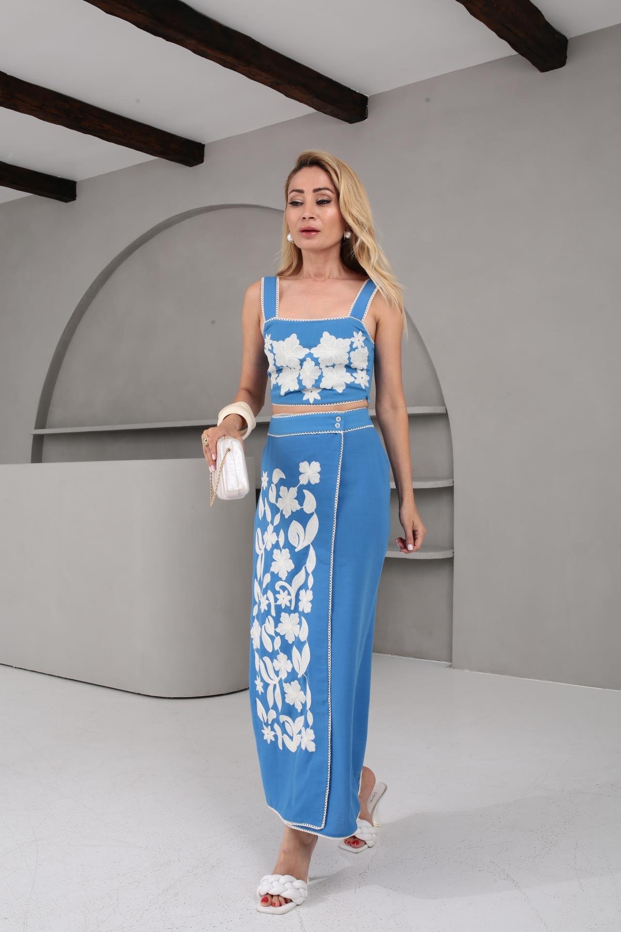 Nakış İşli Kruvaze Kapama Mavi Etek Crop Takım TAKIM | NO33