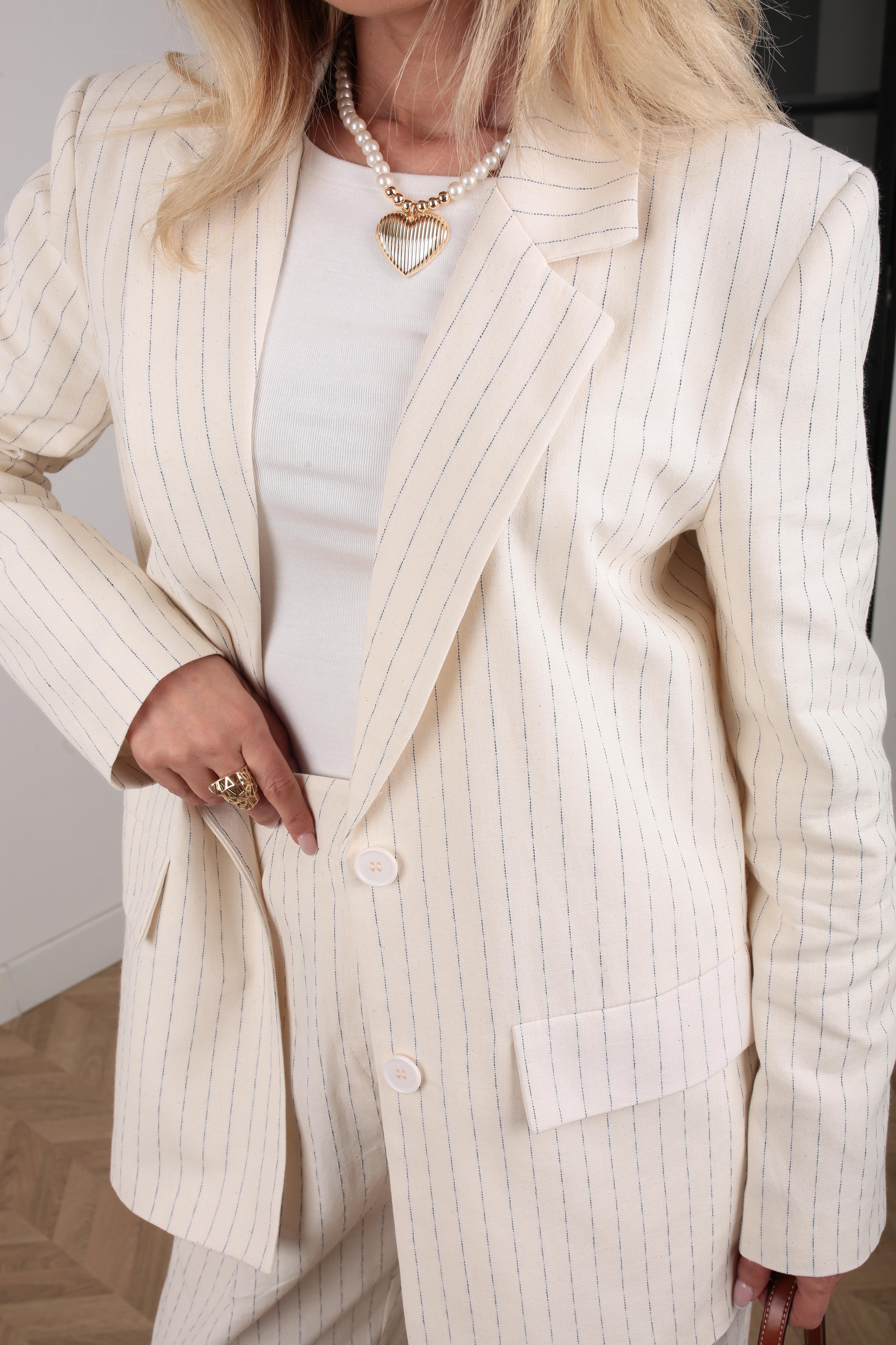 Naturel İnce Çizgili Keten Takım TAKIM