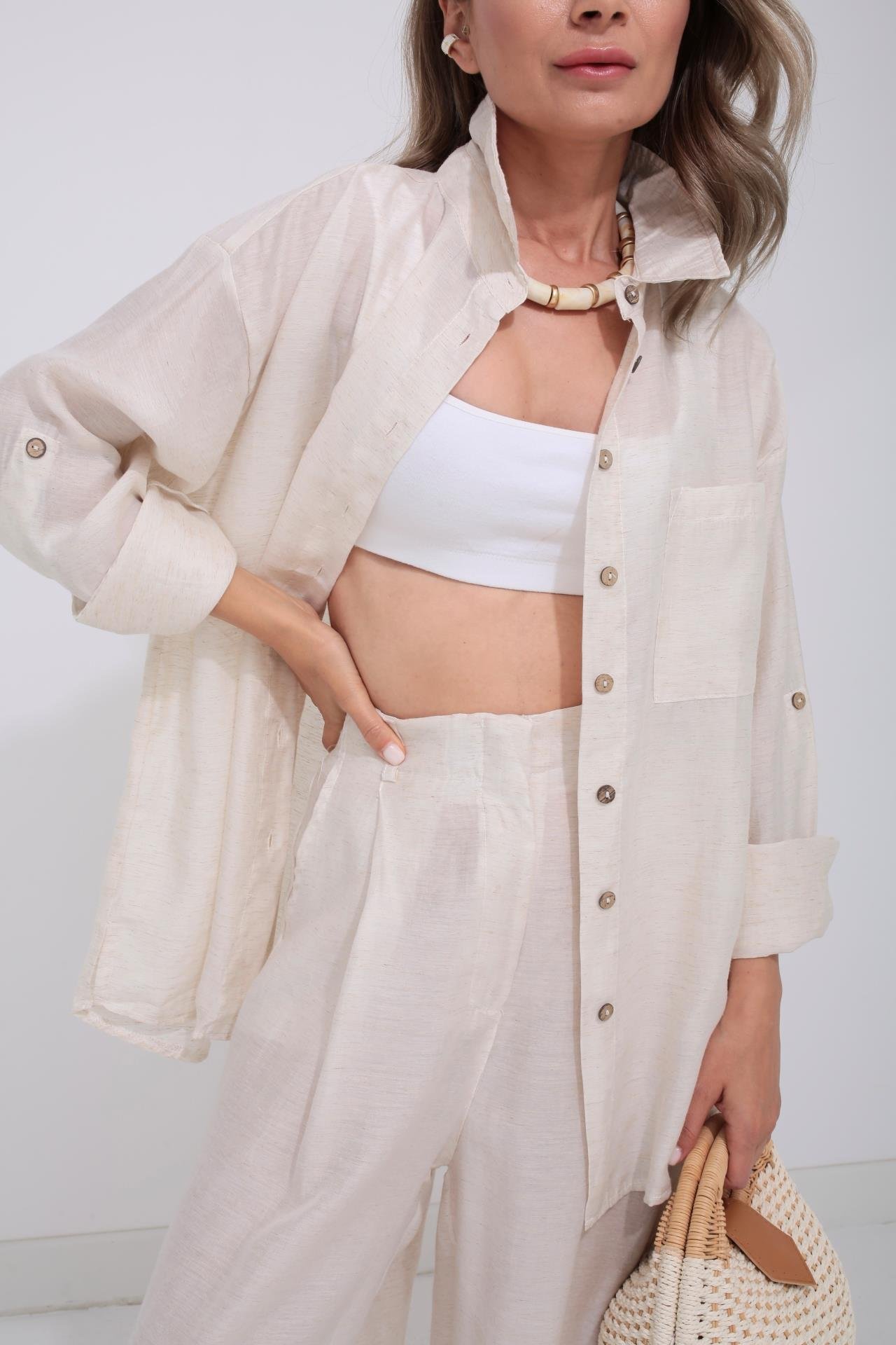 Naturel Tek Cep Gömlekli Palazzo Takım TAKIM | NO33