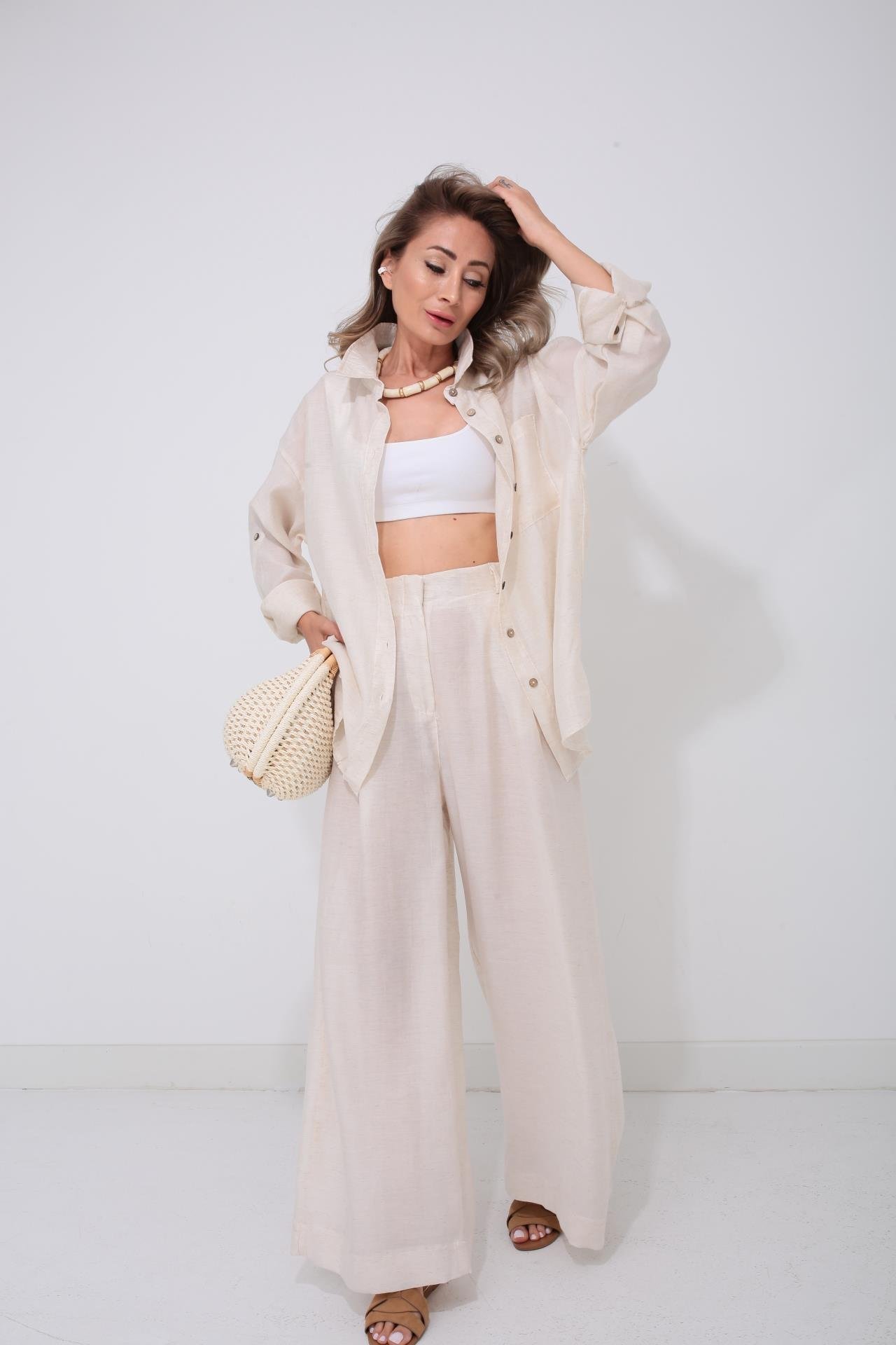 Naturel Tek Cep Gömlekli Palazzo Takım TAKIM | NO33