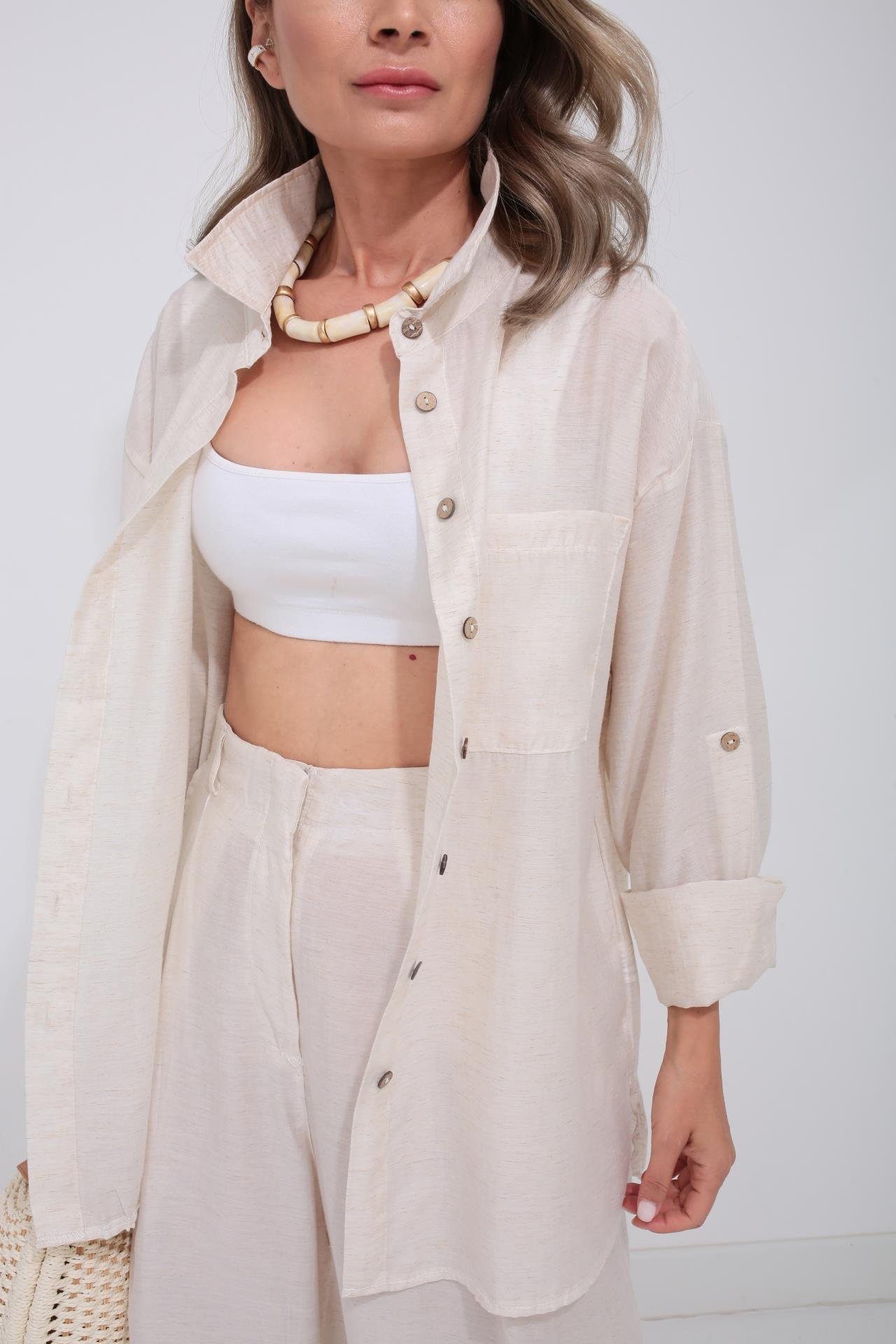 Naturel Tek Cep Gömlekli Palazzo Takım TAKIM | NO33