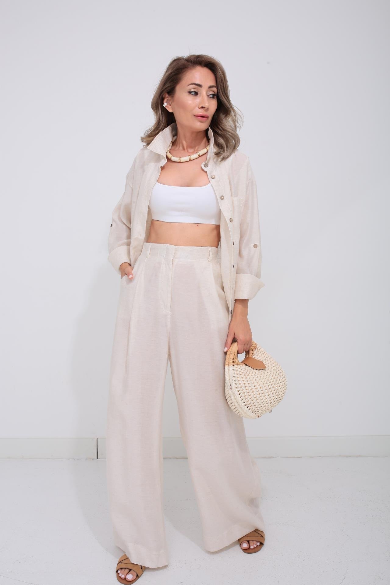 Naturel Tek Cep Gömlekli Palazzo Takım TAKIM | NO33