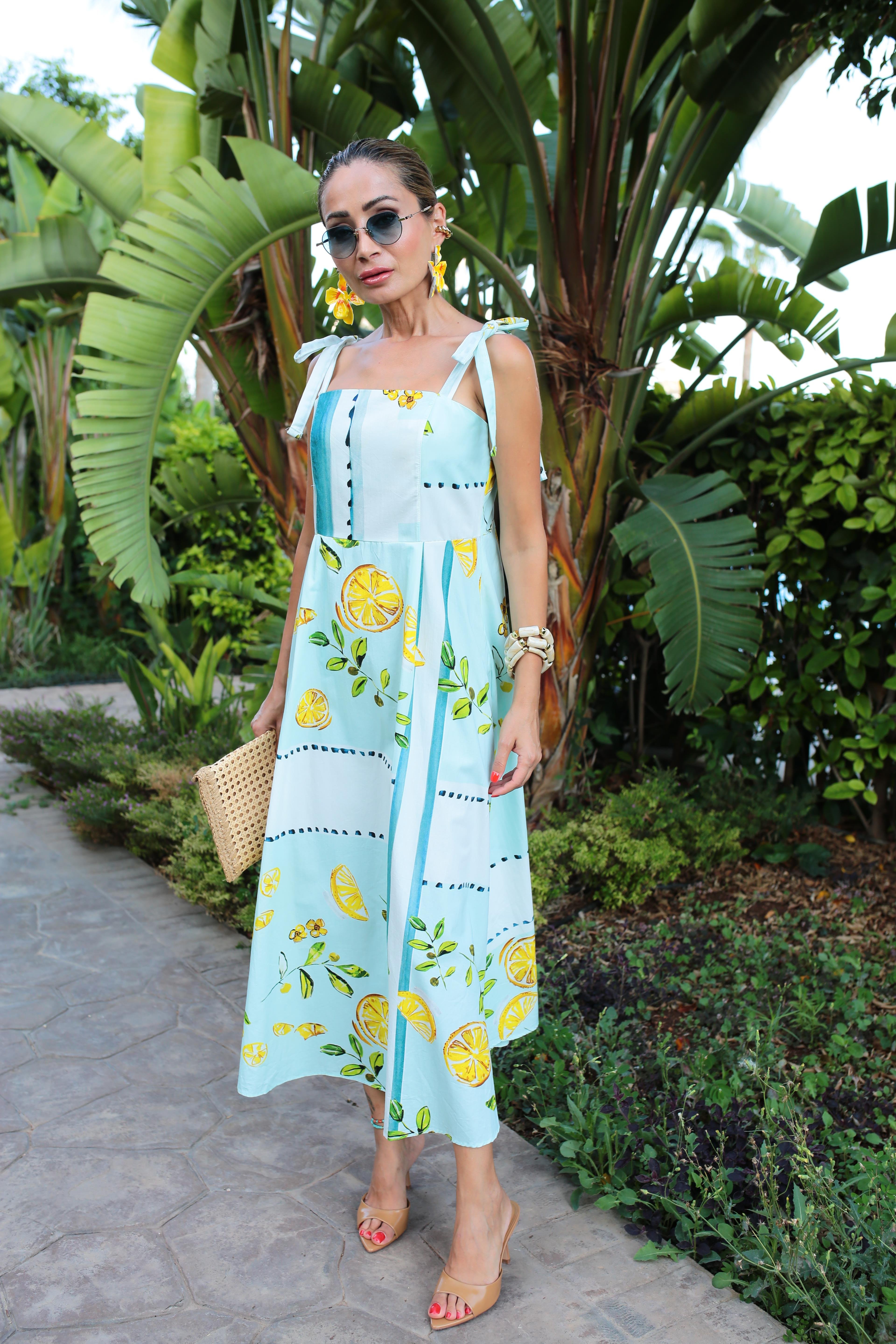 Omuzdan Bağlamalı Limon Desenli Uzun Elbise ELBİSE | NO33