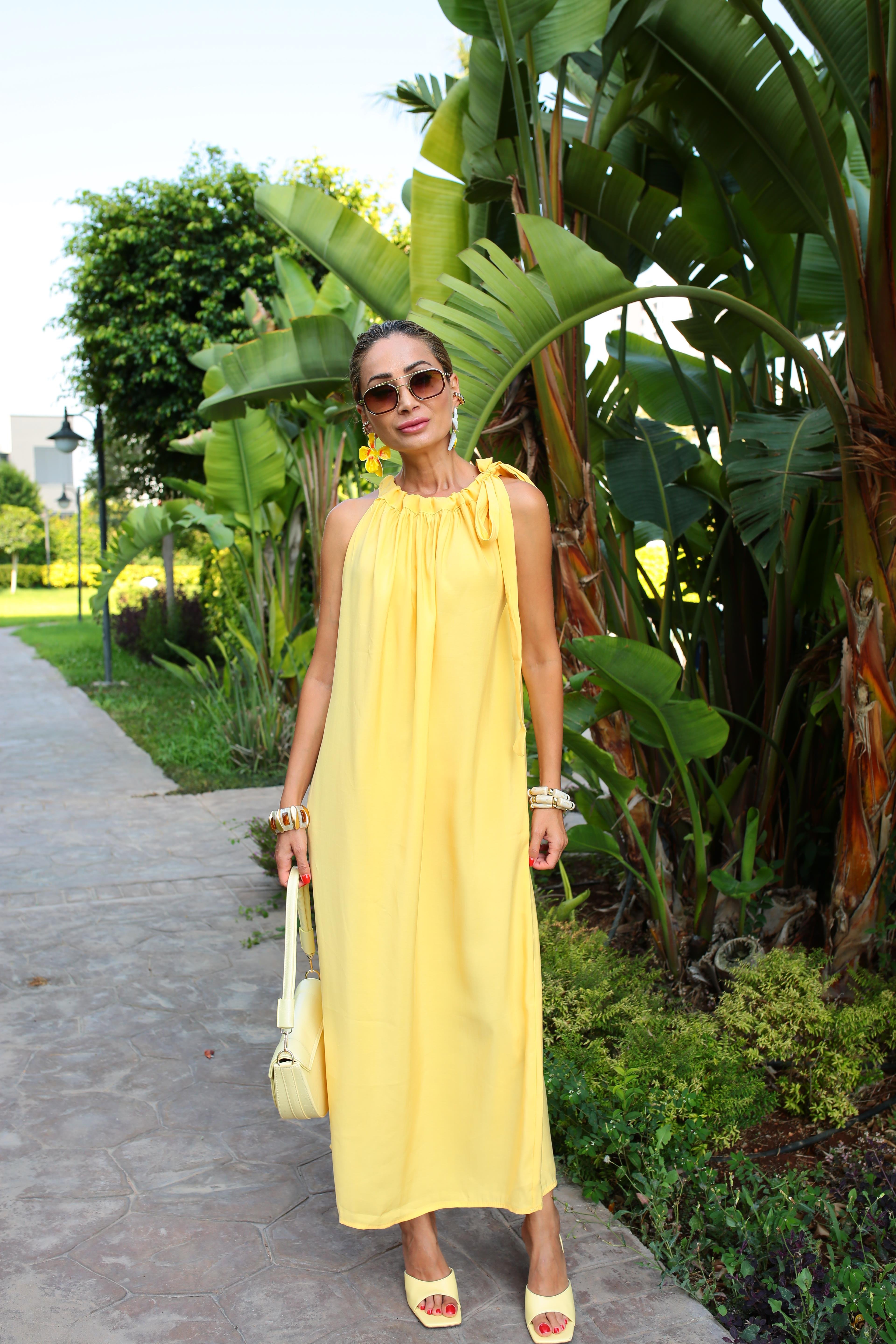 Omuzdan Bağlamalı Sarı Tensel Uzun Elbise ELBİSE | NO33