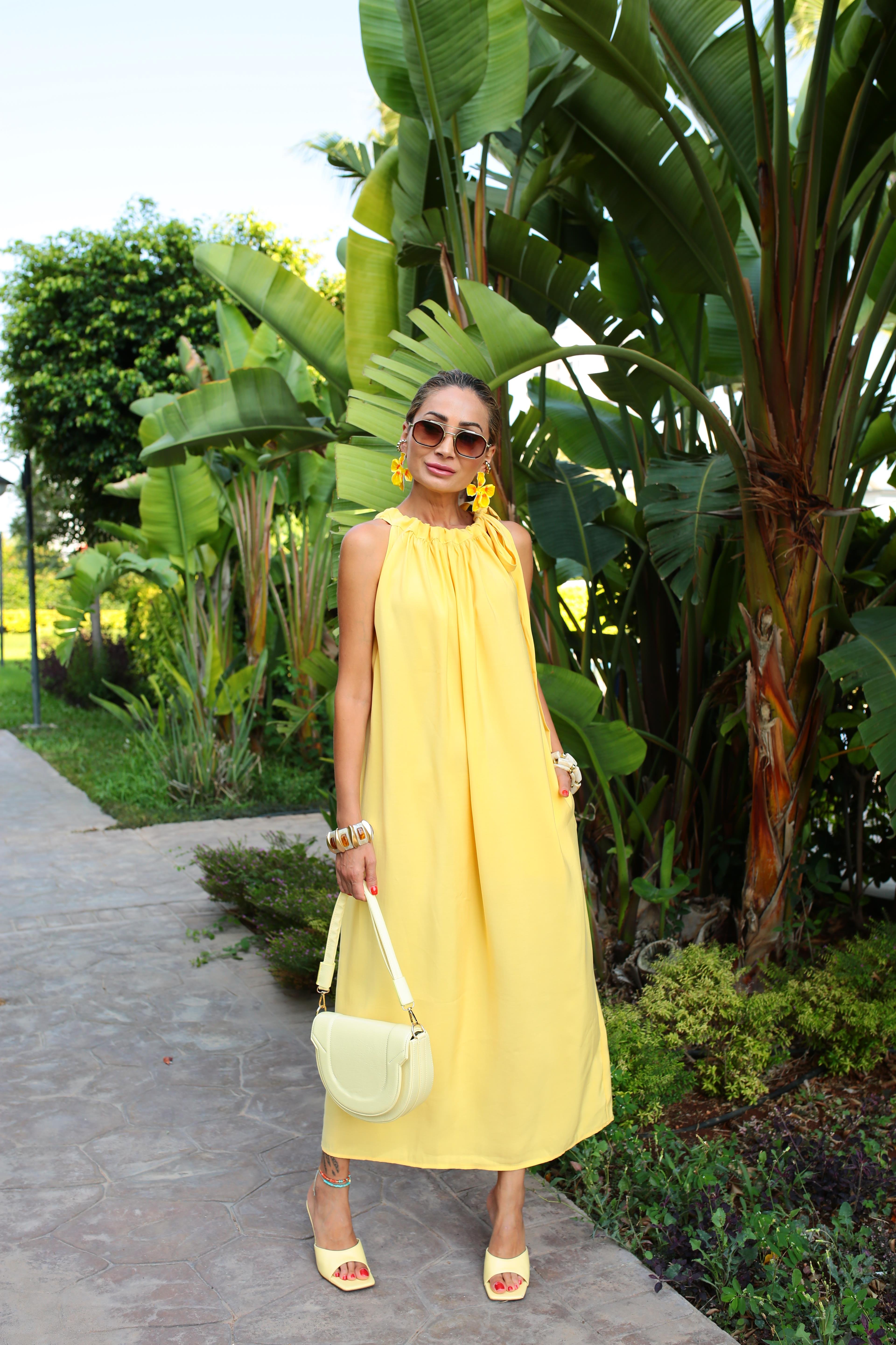 Omuzdan Bağlamalı Sarı Tensel Uzun Elbise ELBİSE | NO33