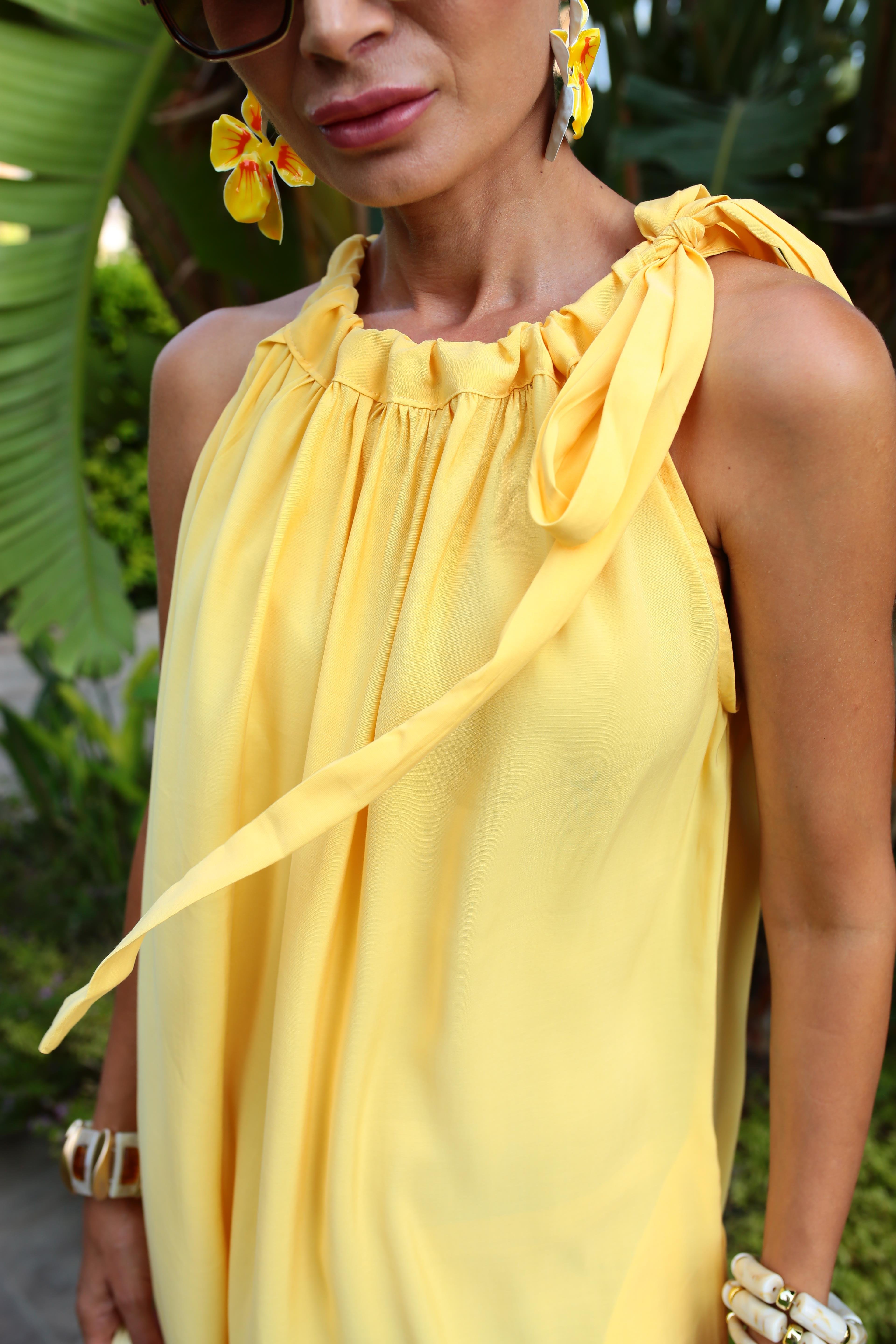 Omuzdan Bağlamalı Sarı Tensel Uzun Elbise ELBİSE | NO33