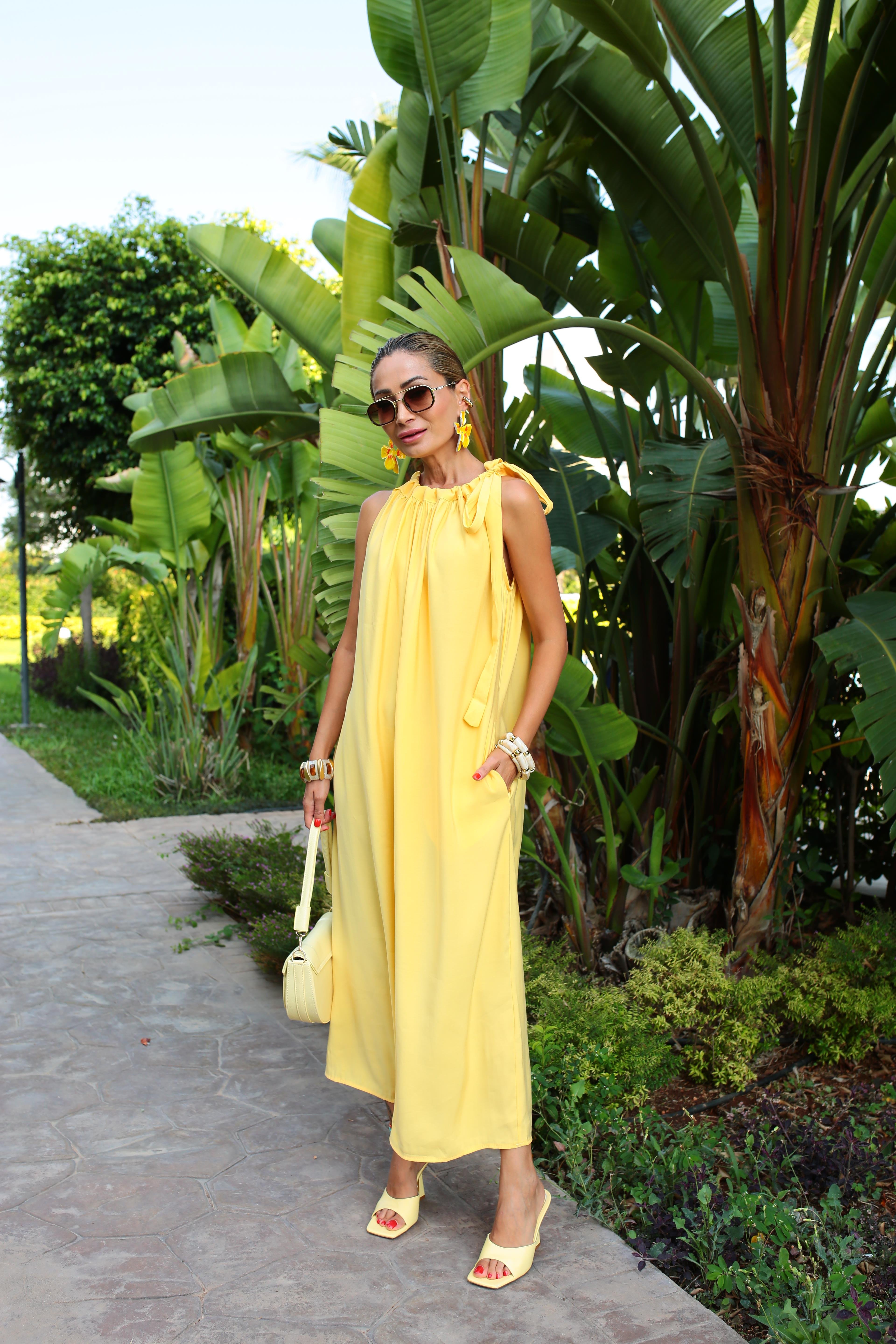 Omuzdan Bağlamalı Sarı Tensel Uzun Elbise ELBİSE | NO33