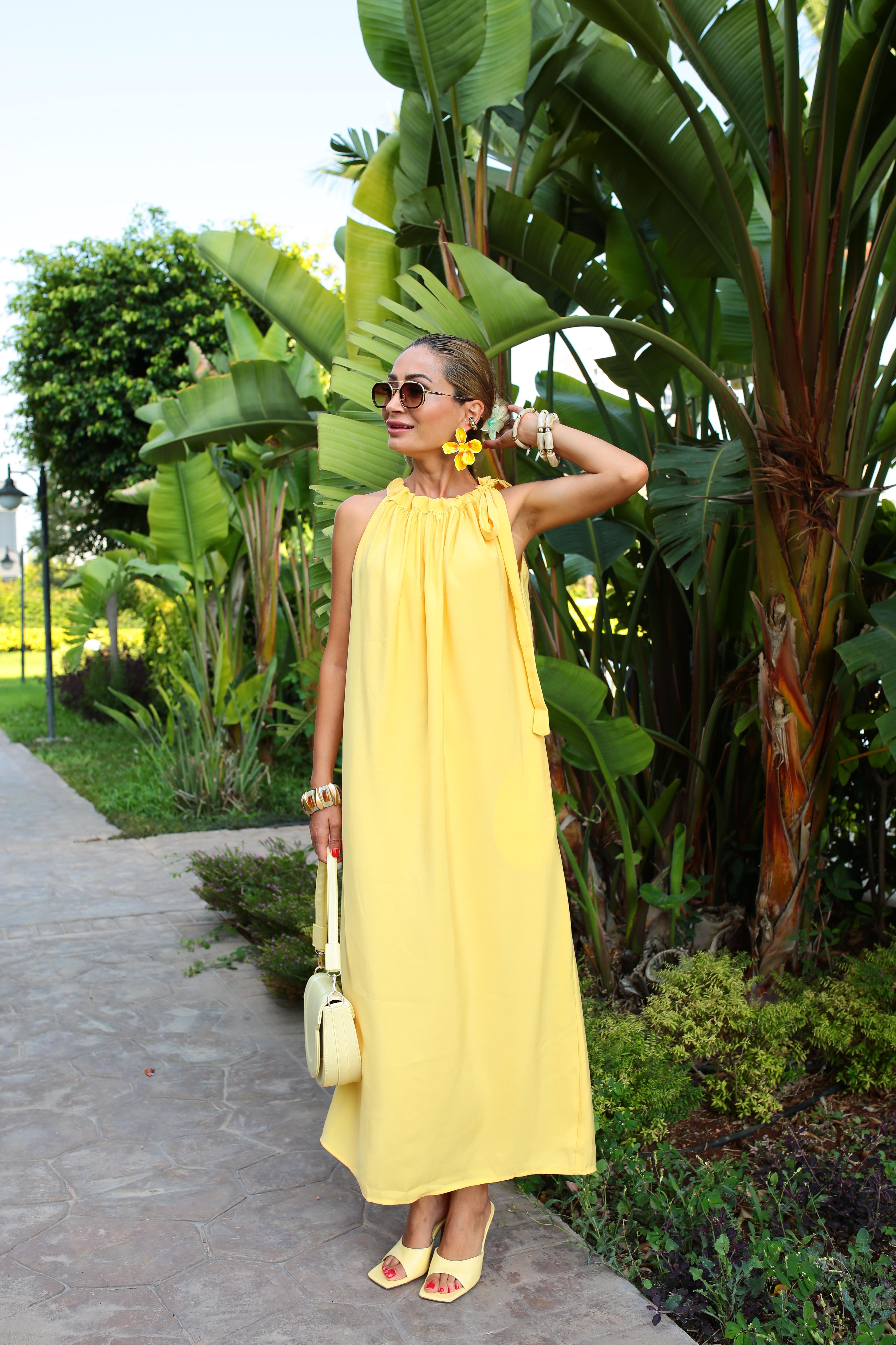 Omuzdan Bağlamalı Sarı Tensel Uzun Elbise ELBİSE | NO33