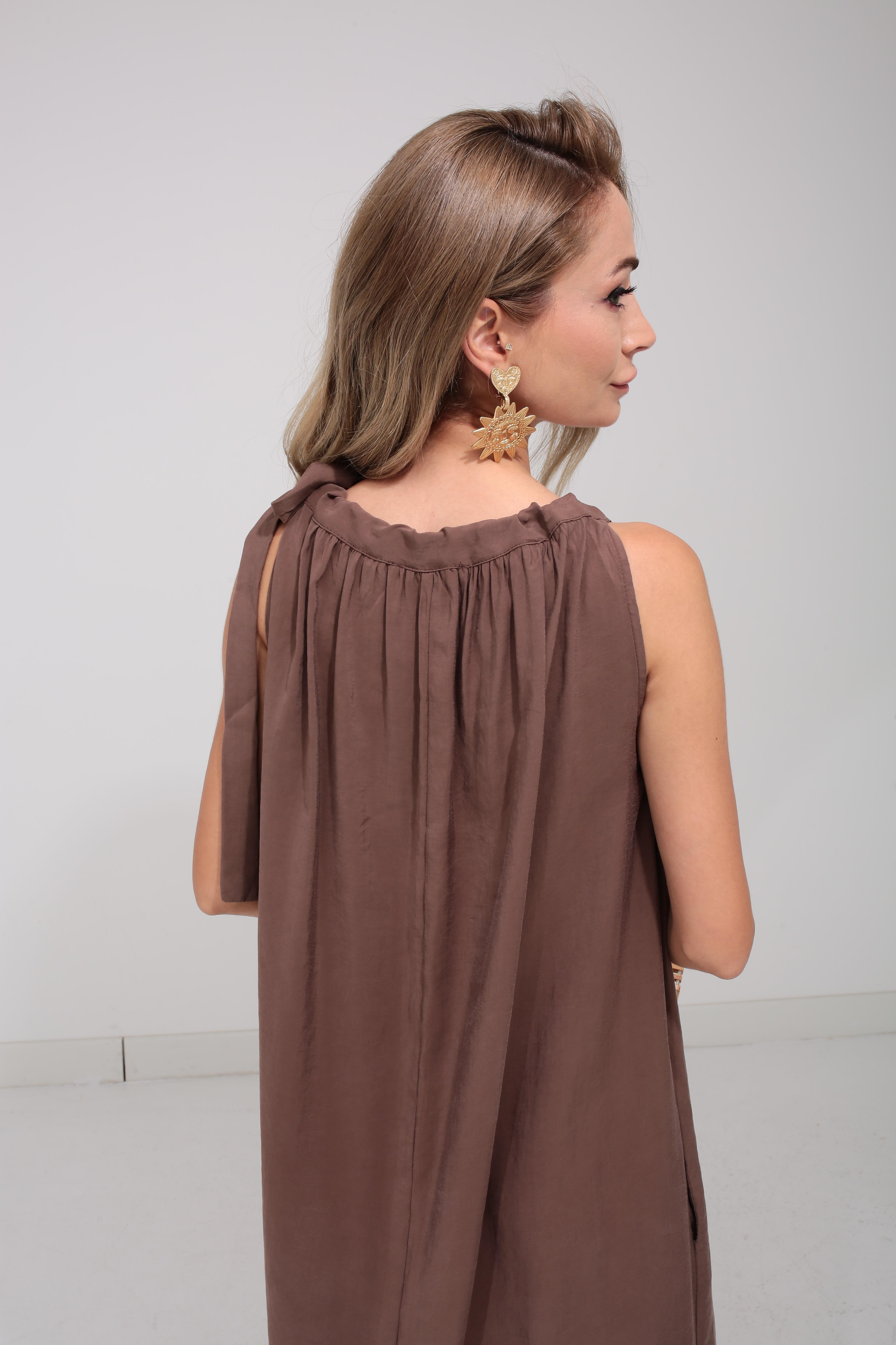 Omuzdan Bağlı Kahve Tensel Elbise ELBİSE | NO33