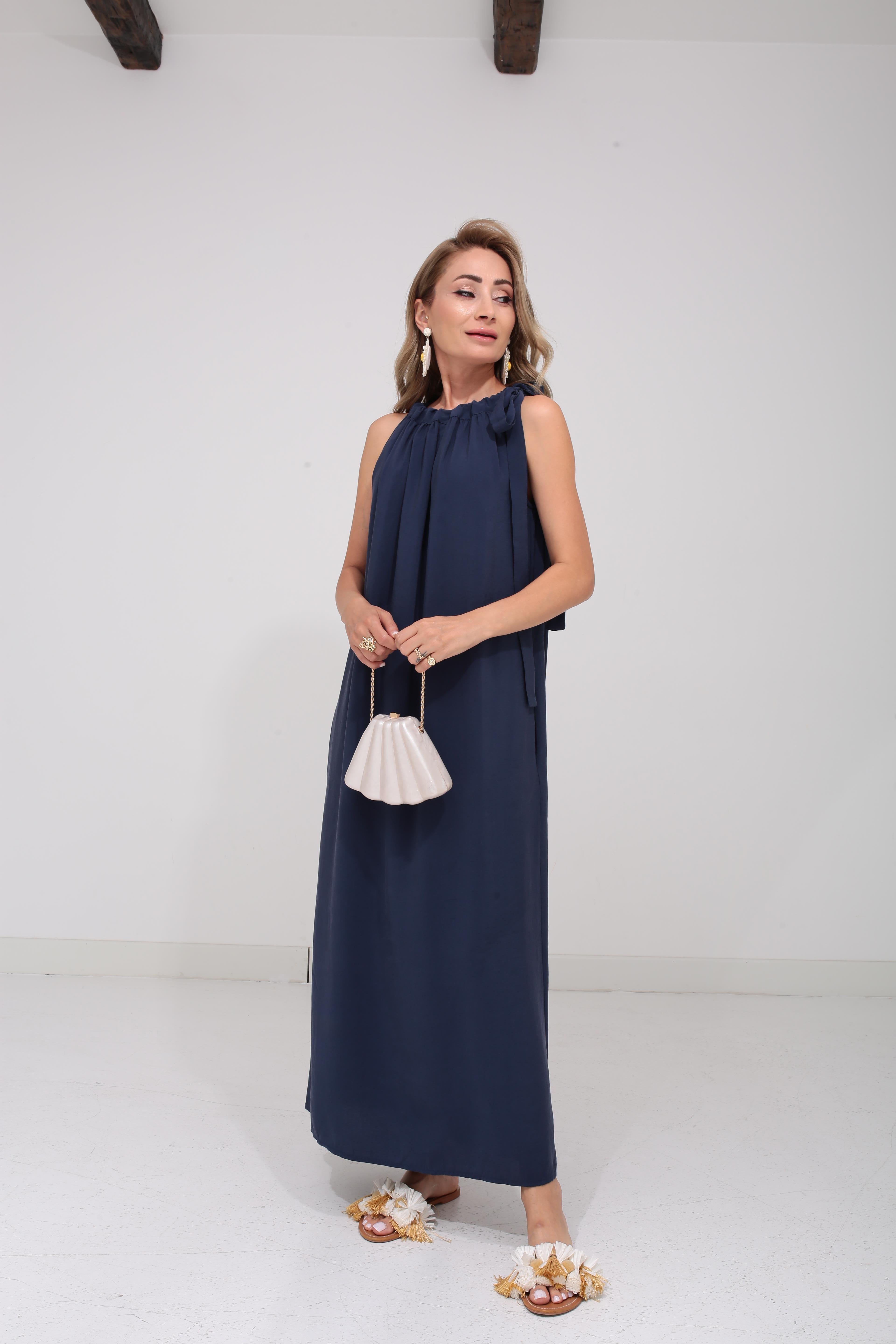 Omuzdan Bağlı Lacivert Tensel Elbise ELBİSE | NO33