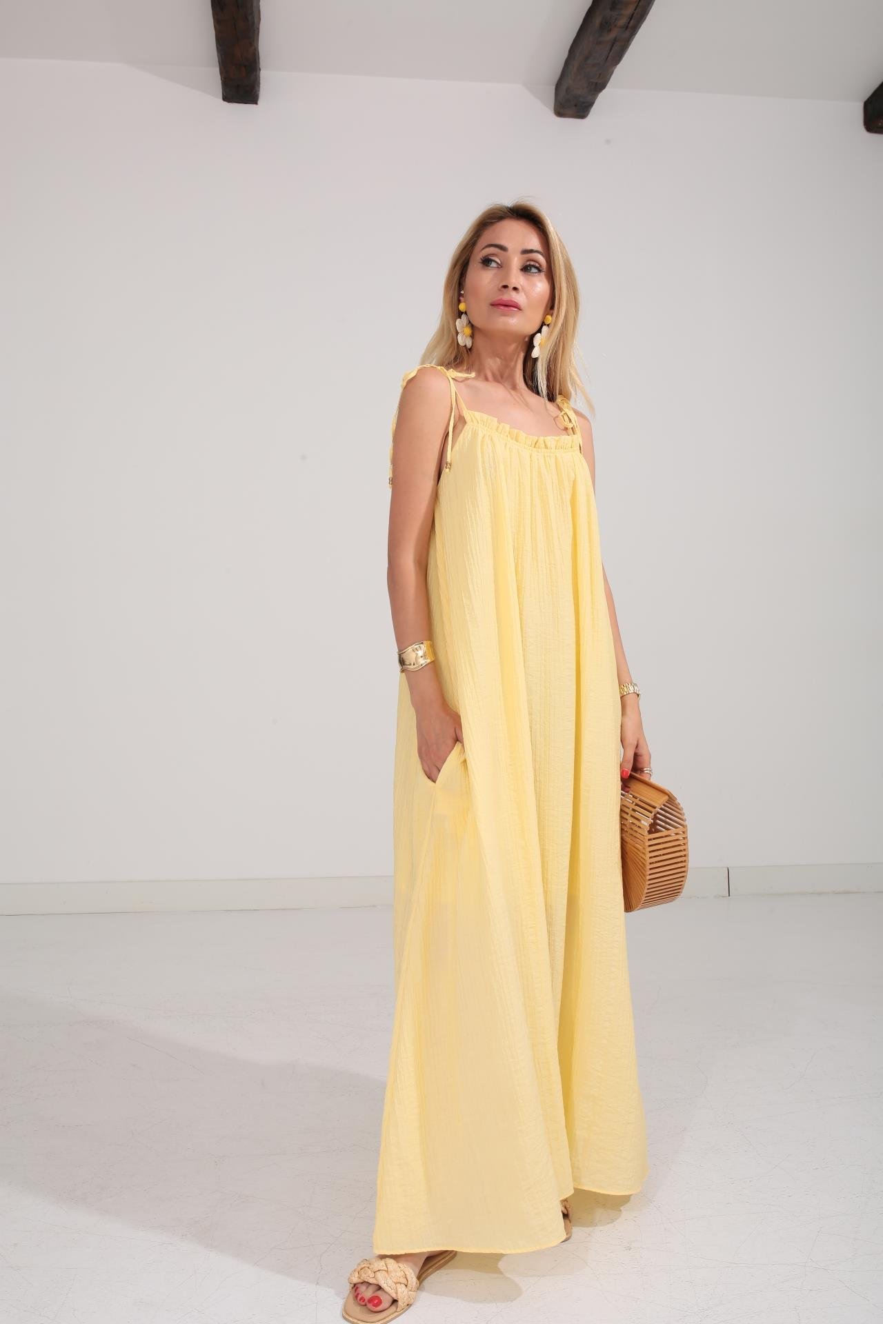 Omuzu Bağcıklı Astarlı Sarı Krinkıl Elbise ELBİSE | NO33