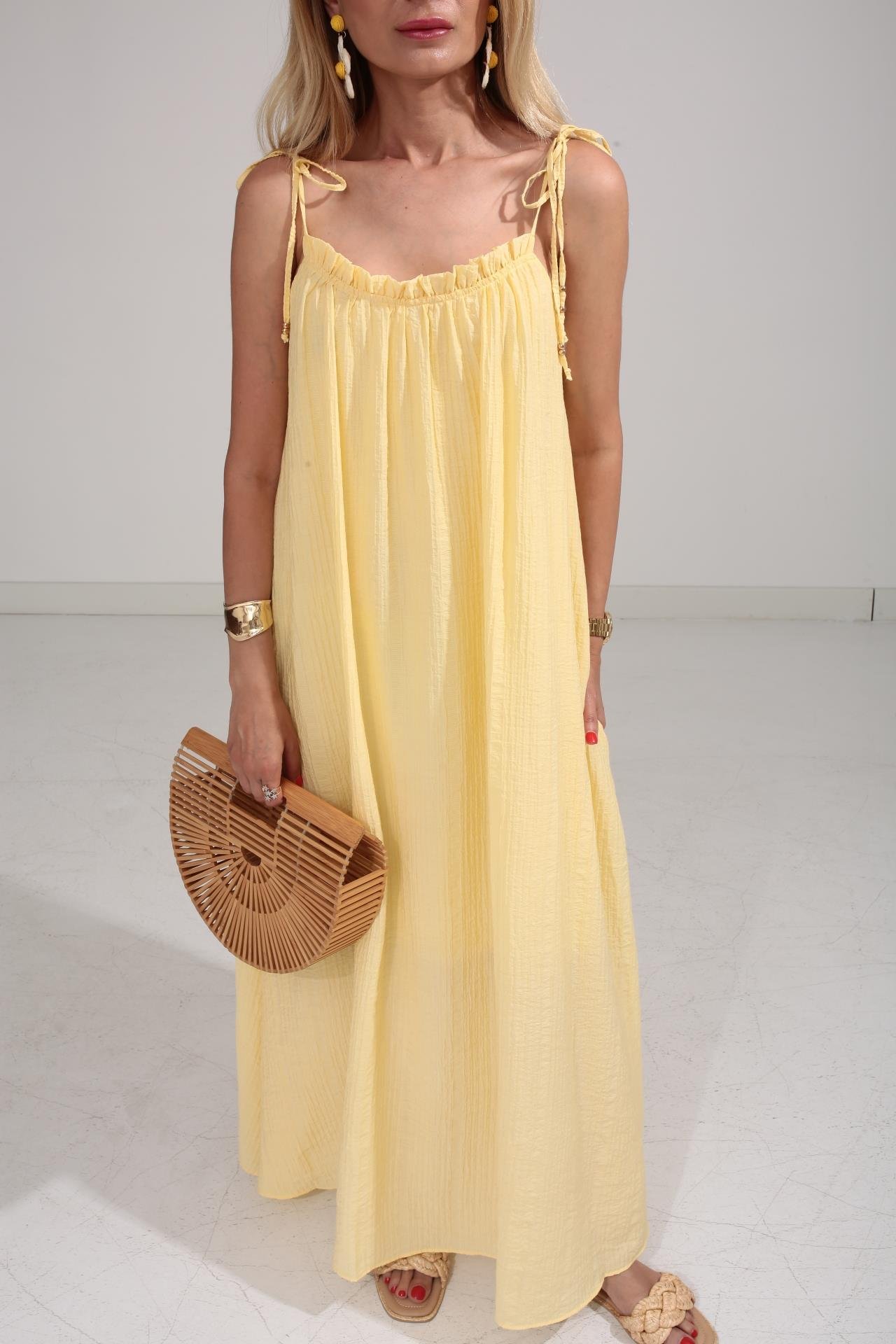 Omuzu Bağcıklı Astarlı Sarı Krinkıl Elbise ELBİSE | NO33