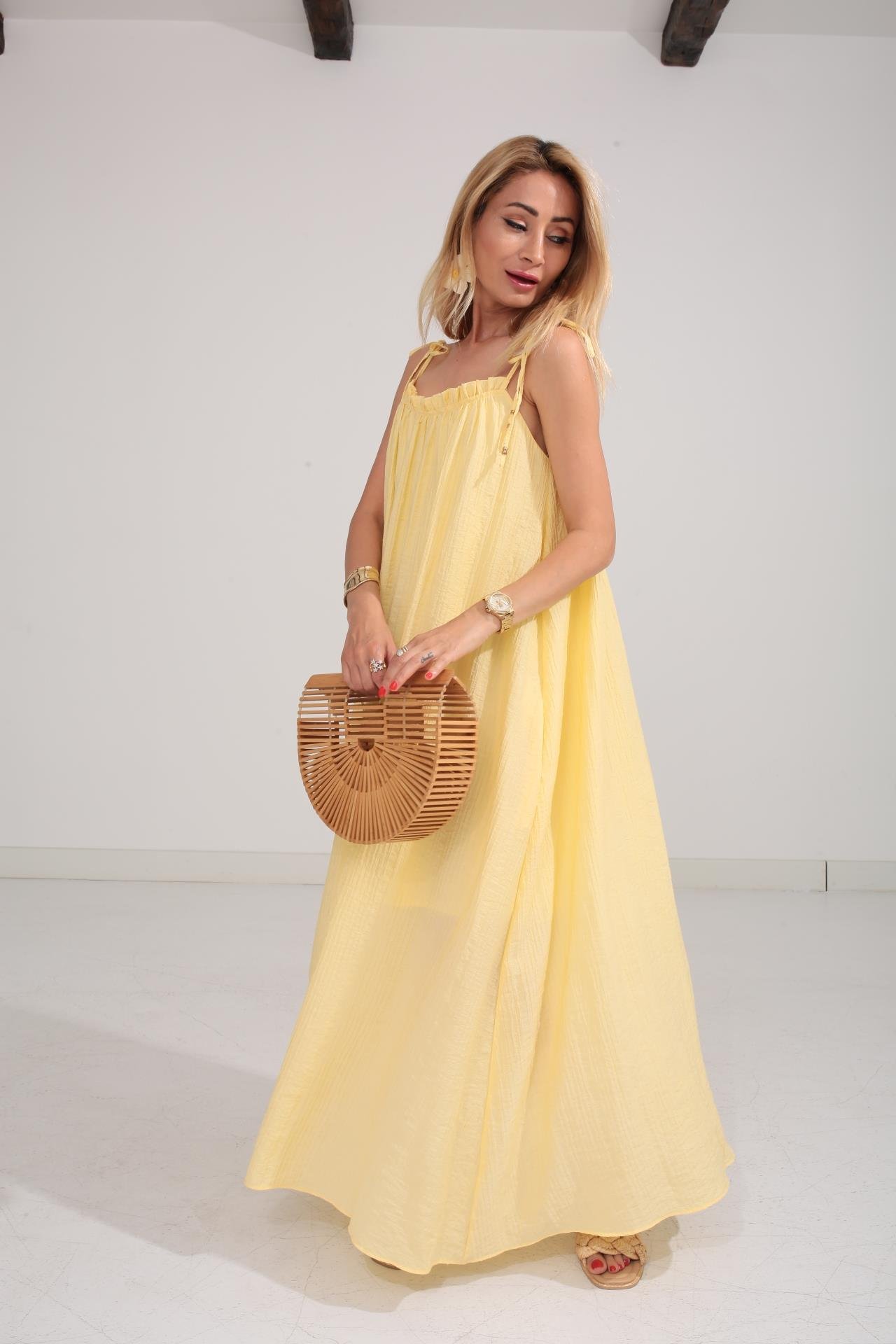 Omuzu Bağcıklı Astarlı Sarı Krinkıl Elbise ELBİSE | NO33