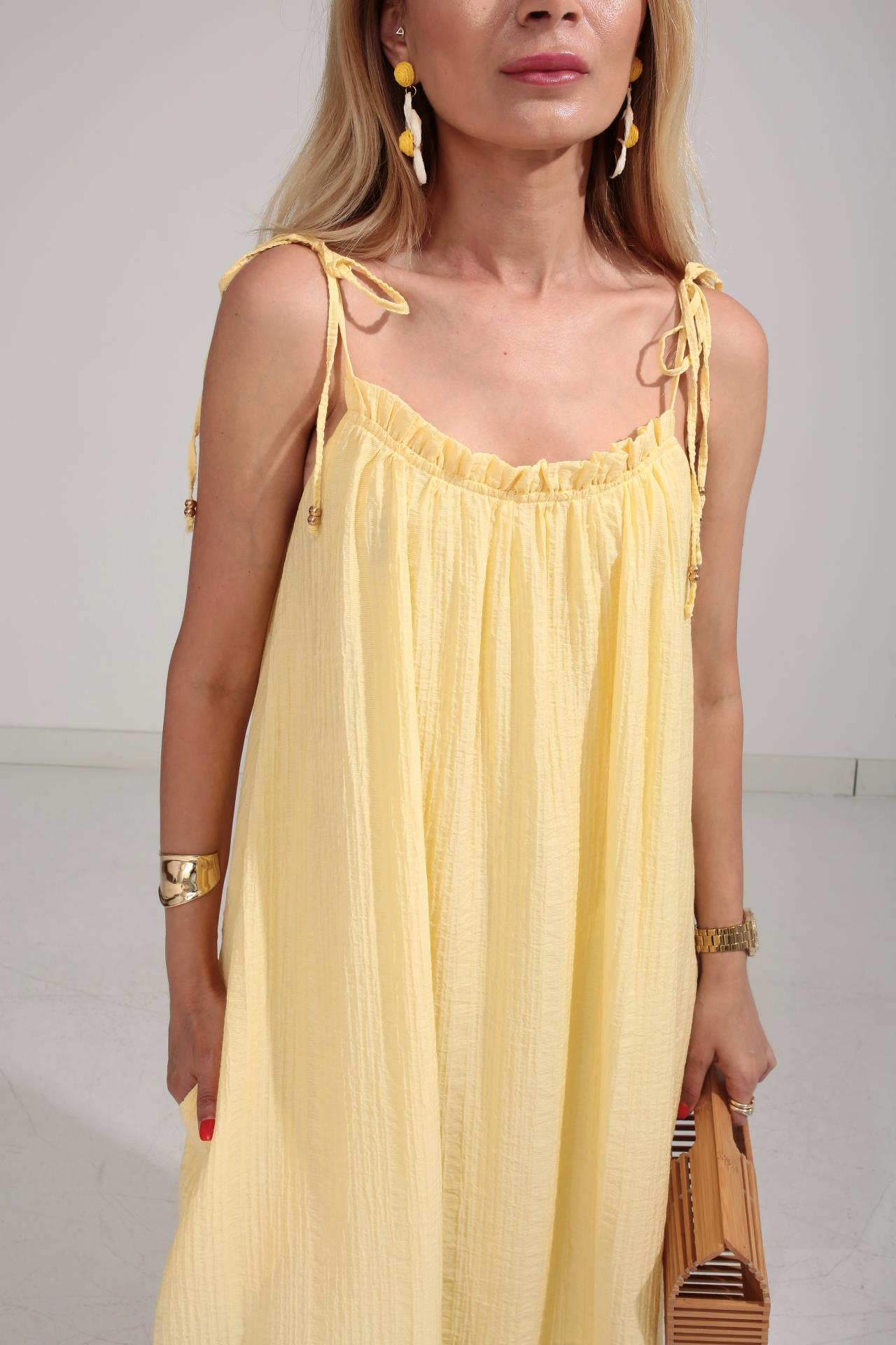 Omuzu Bağcıklı Astarlı Sarı Krinkıl Elbise ELBİSE | NO33