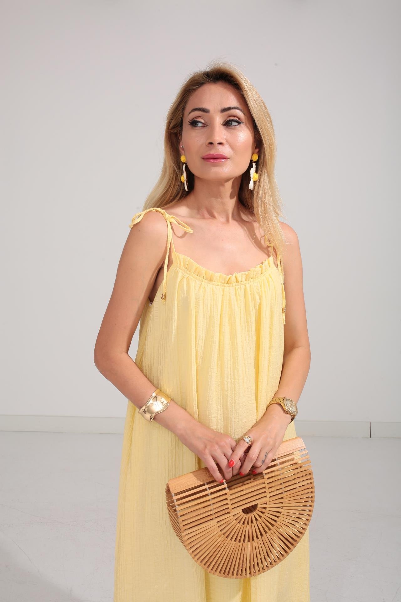 Omuzu Bağcıklı Astarlı Sarı Krinkıl Elbise ELBİSE | NO33