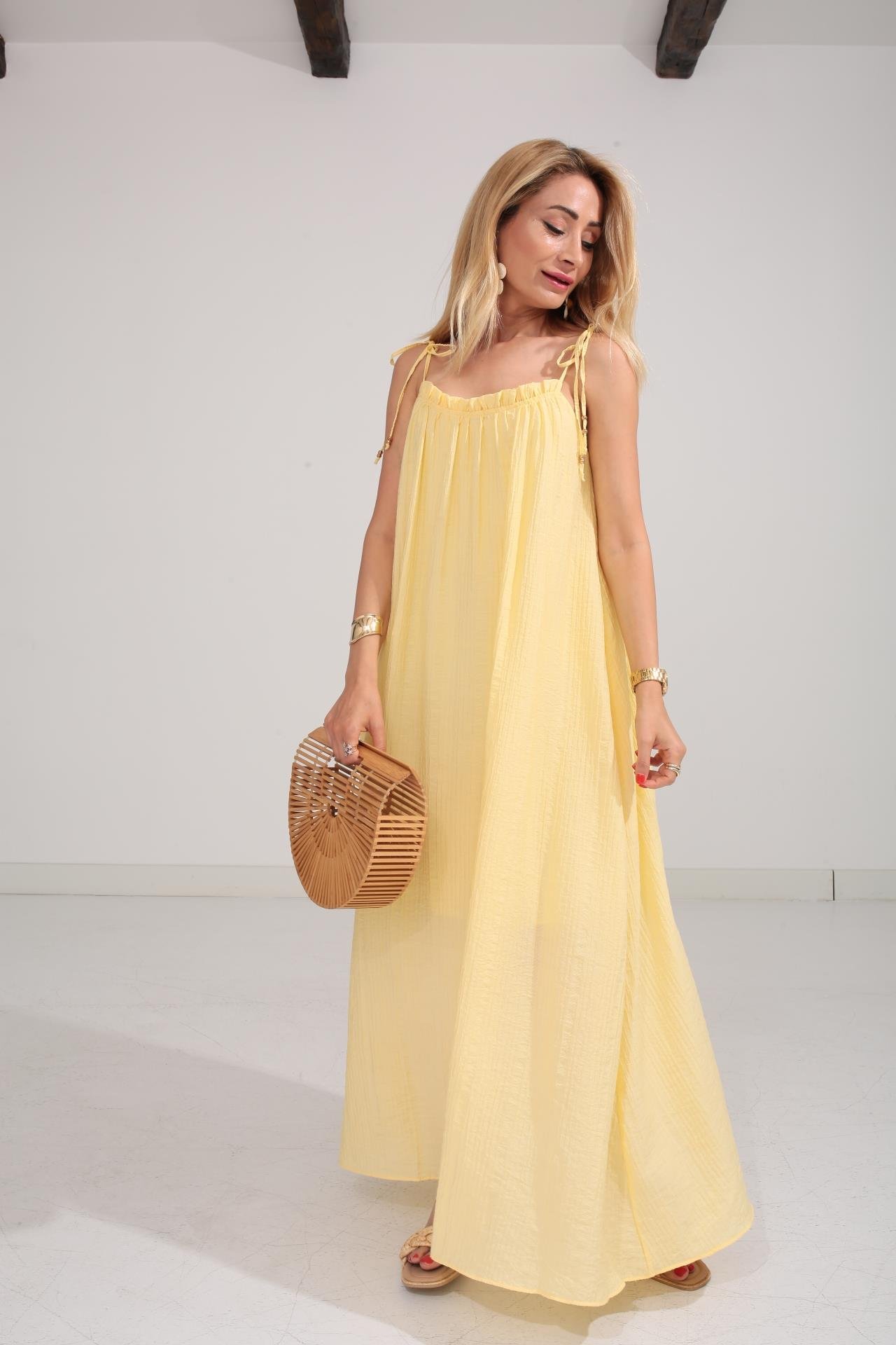 Omuzu Bağcıklı Astarlı Sarı Krinkıl Elbise ELBİSE | NO33