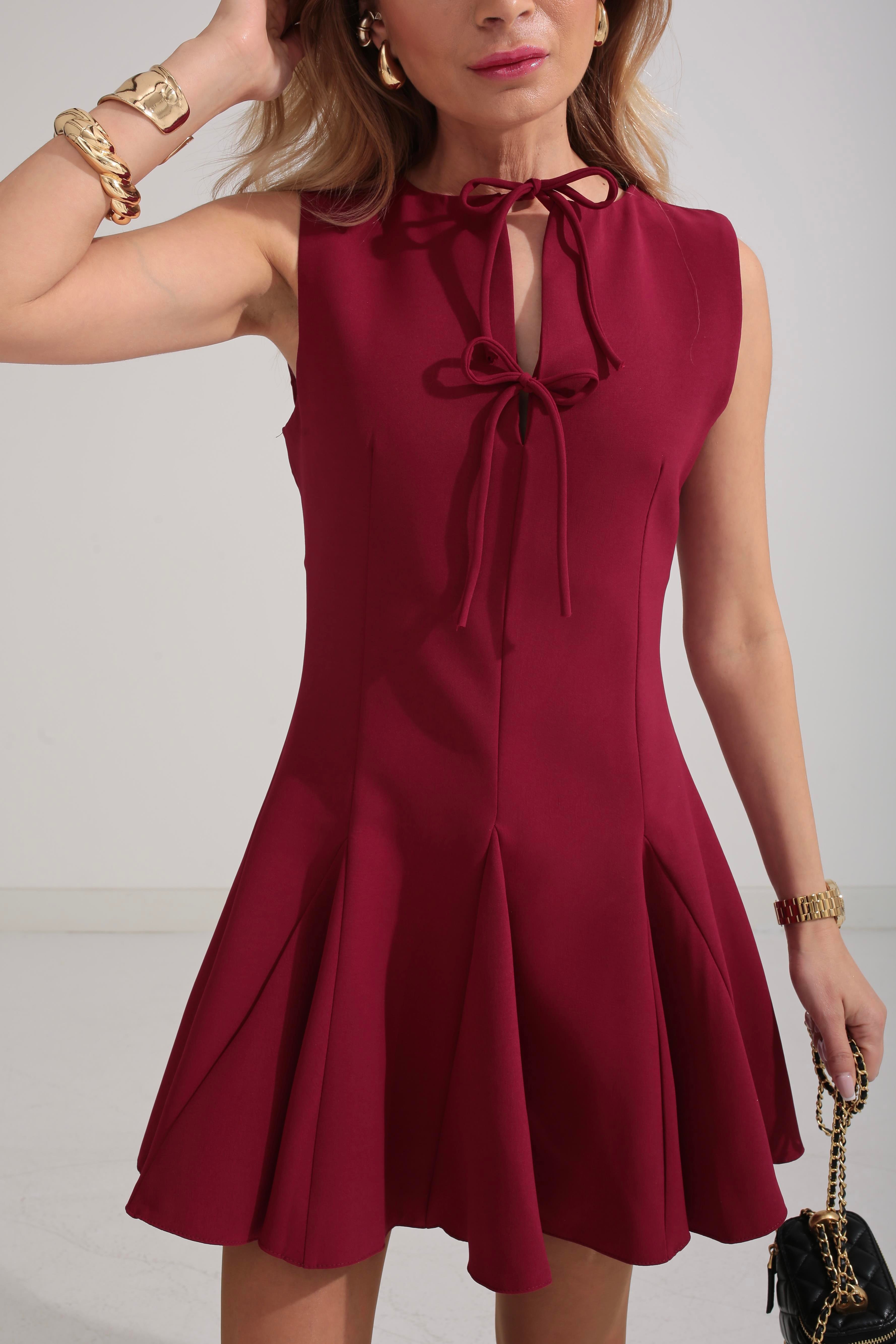 Önden Bağlamalı Bordo Kloş Elbise ELBİSE