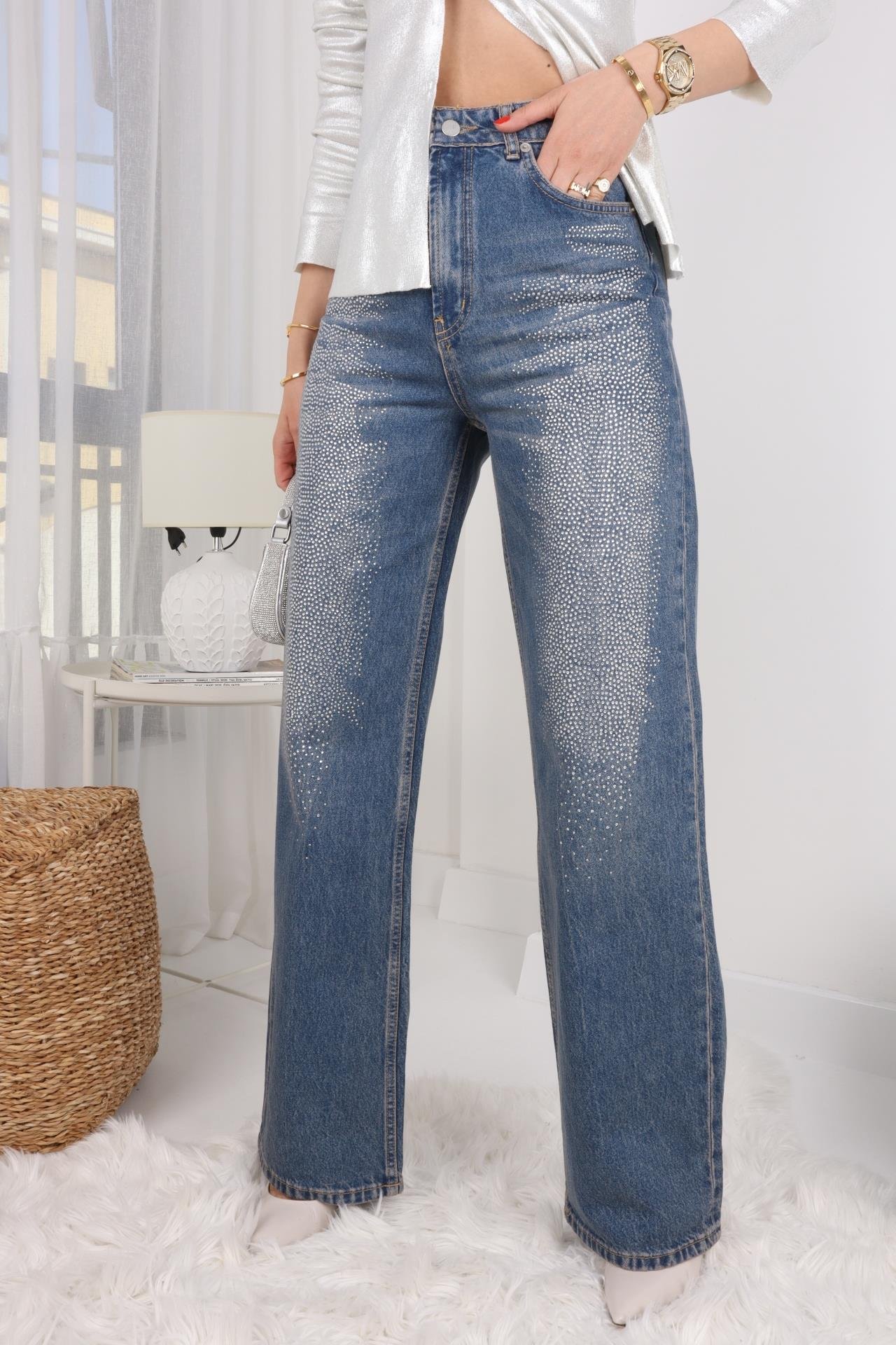 Önü Taş Baskılı Bol Paça Jean JEAN