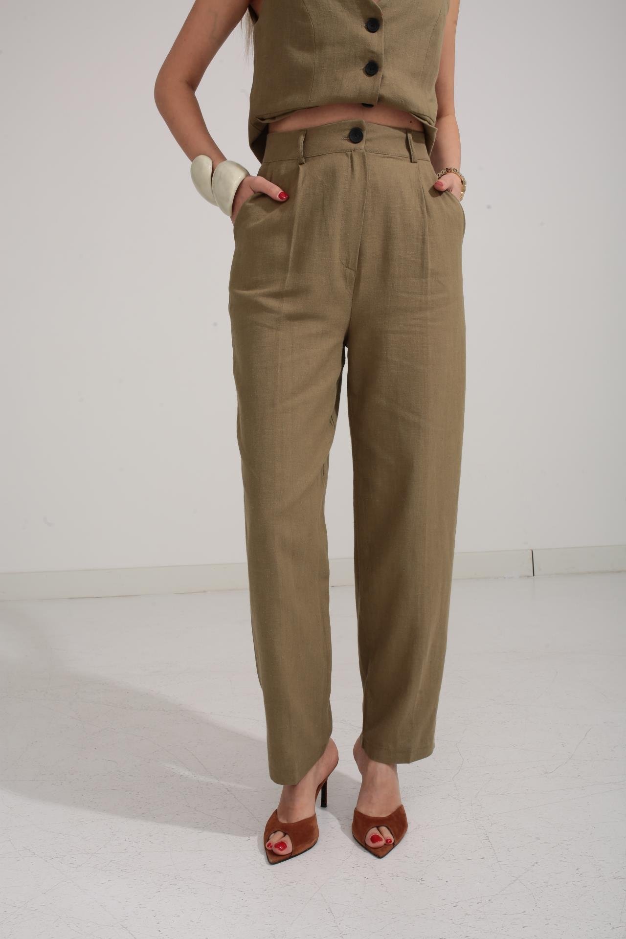 Önü Yırtmaçlı Haki Yelekli Keten Takım TAKIM | NO33