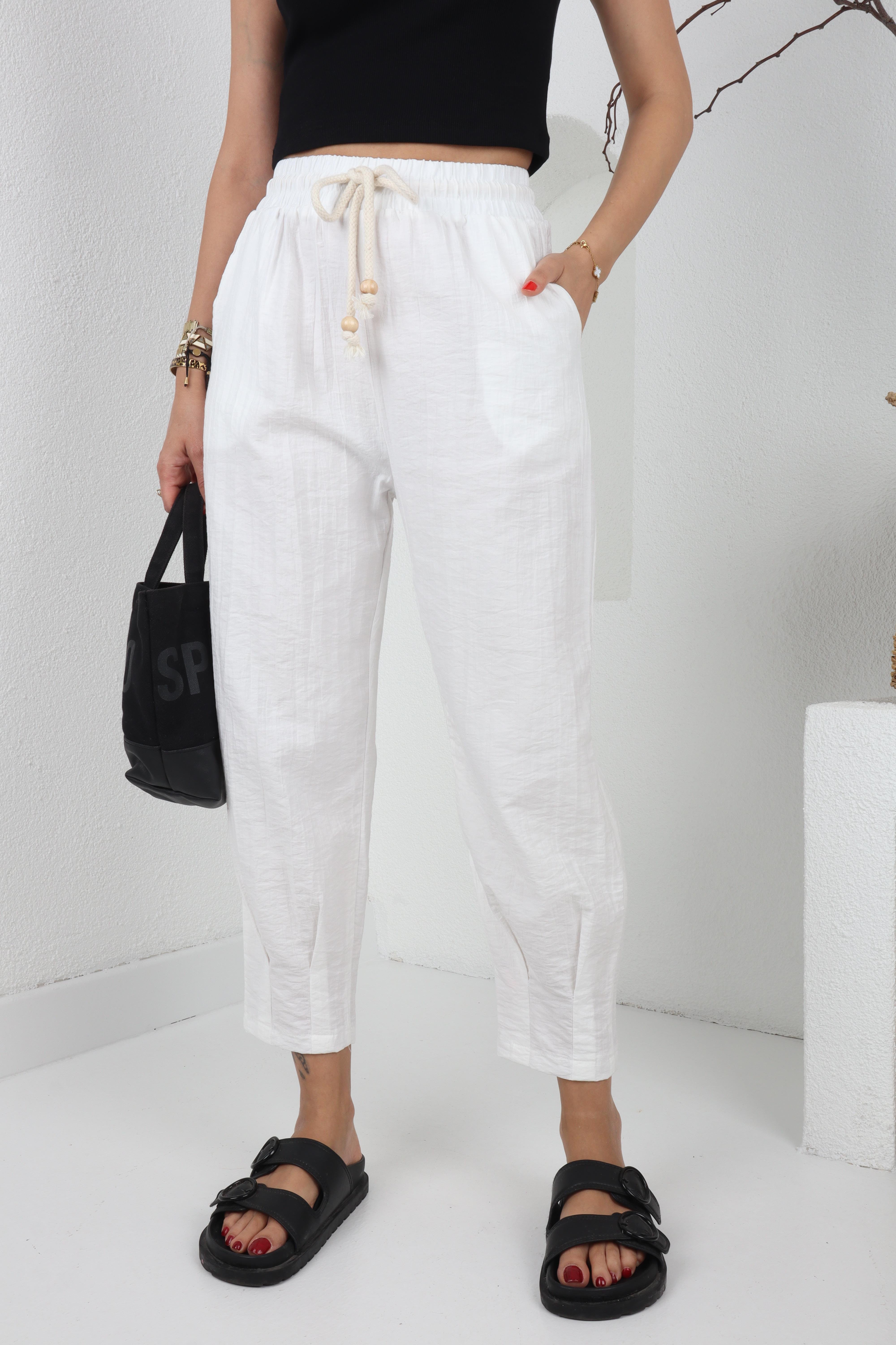 Paça Pilili Halat Kemer Beyaz Pantolon PANTOLON