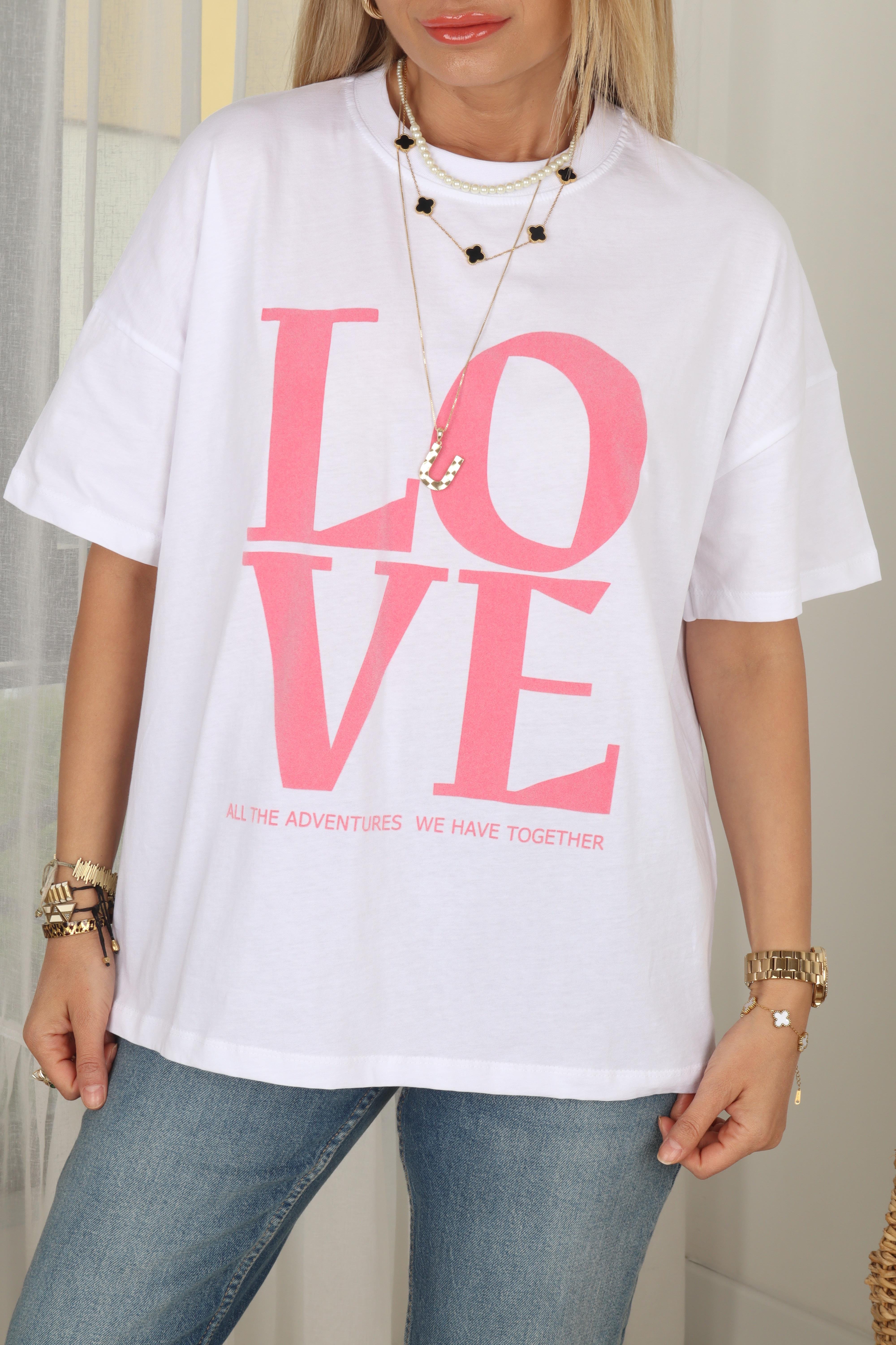 Pembe Love Baskılı Oversize Tshirt T-SHİRT
