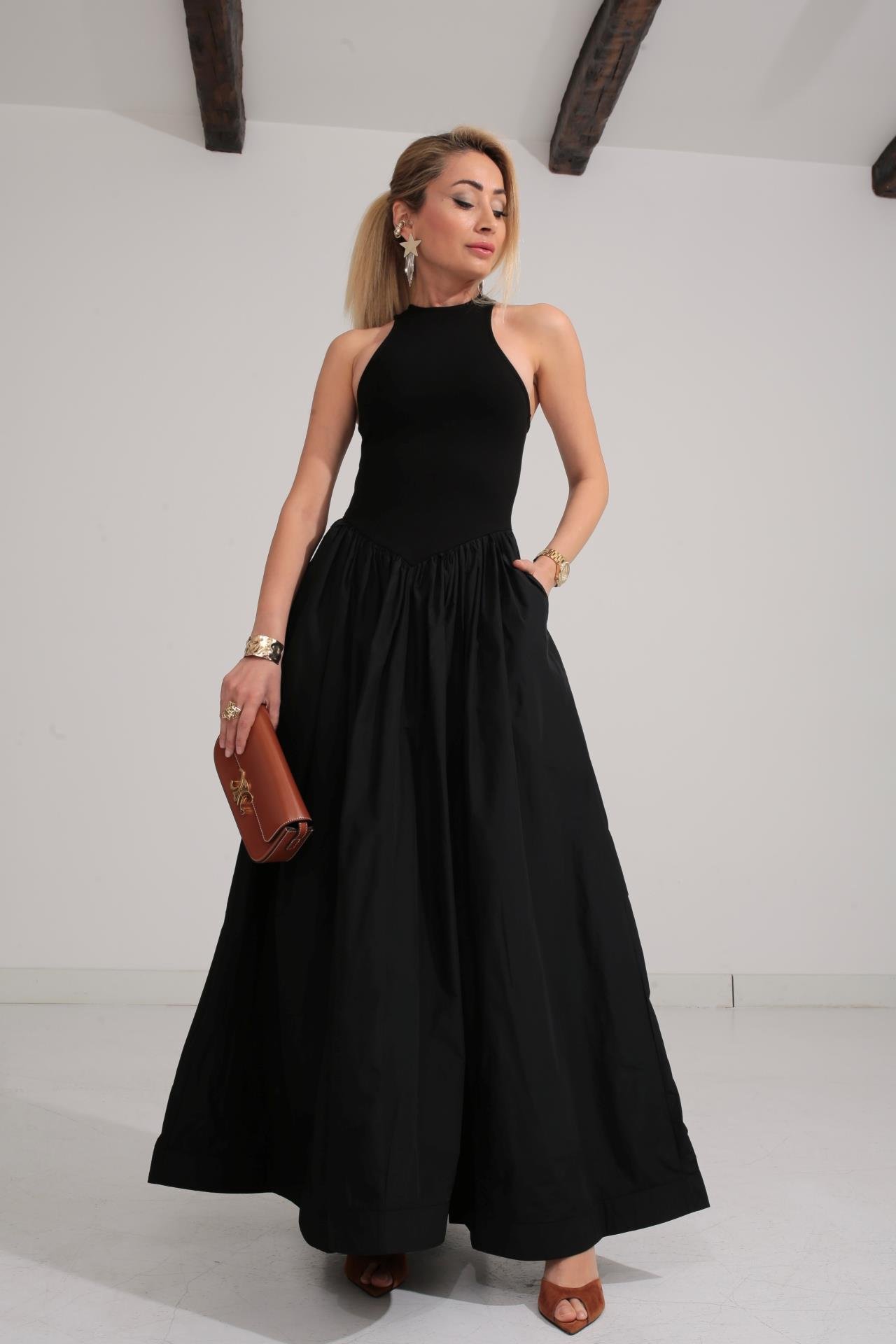 Penye Detay Eteği Tafta  Siyah Elbise ELBİSE