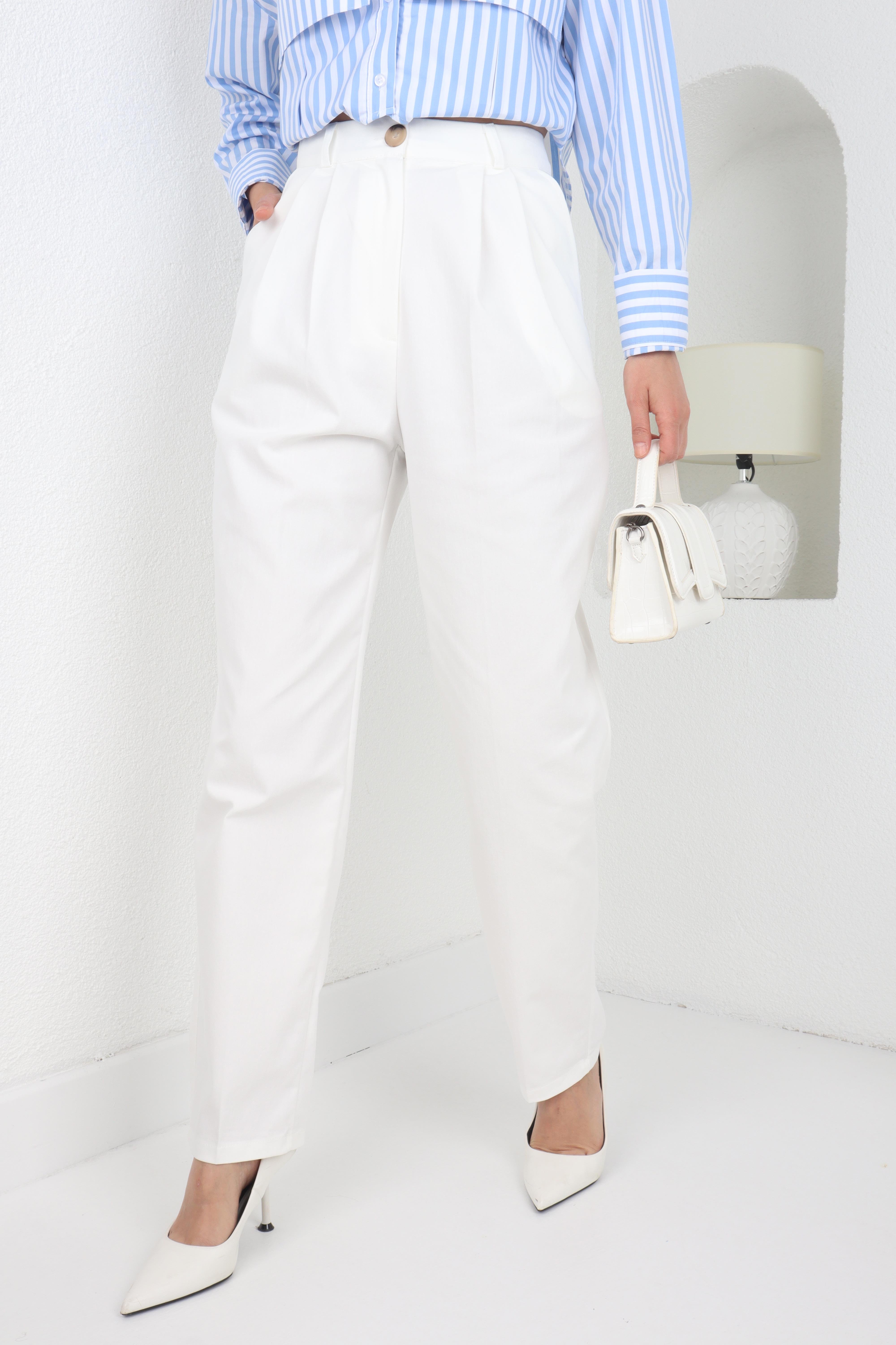 Pileli Bol Kesim Ekru Pantolon PANTOLON