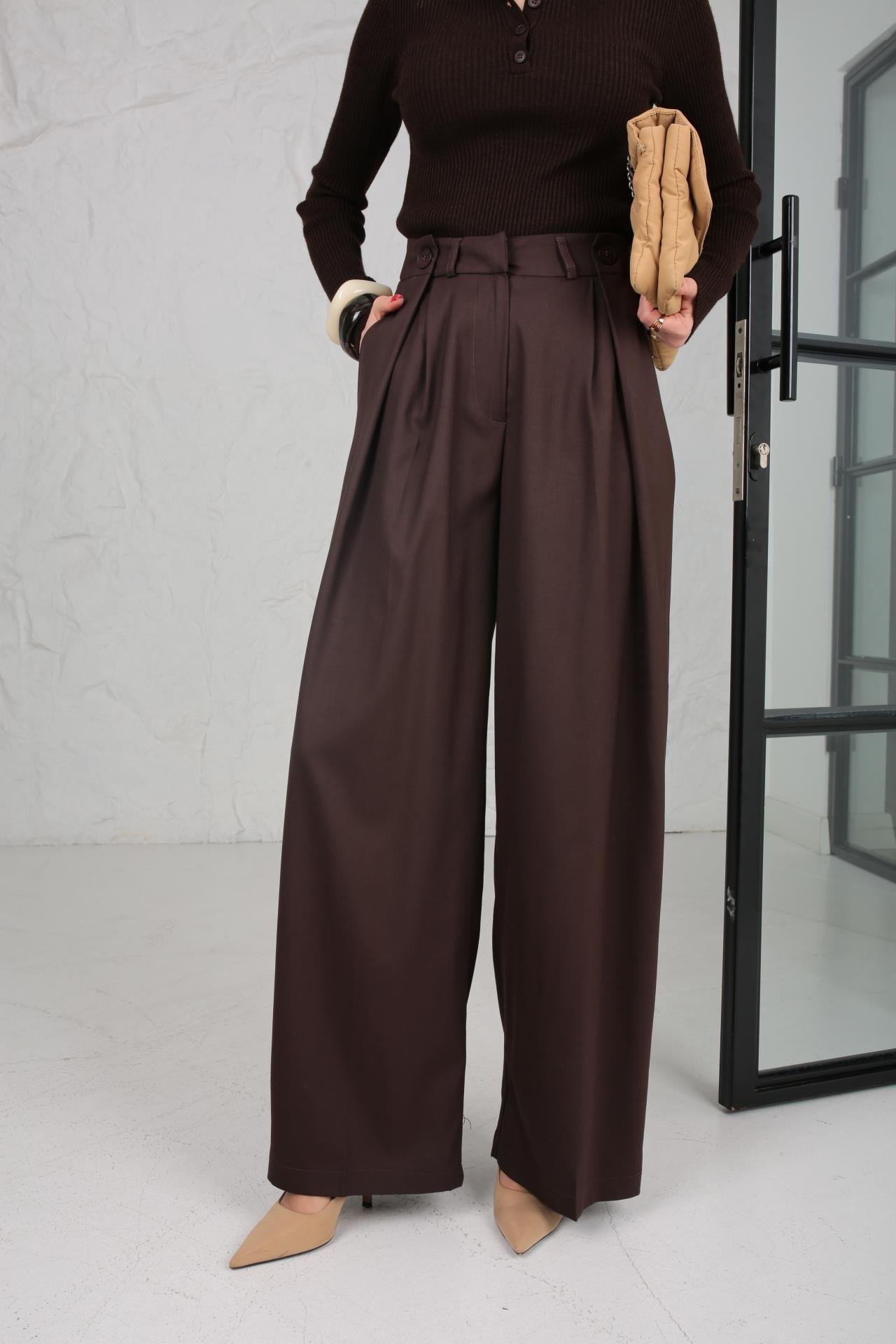 Pileli Düğme Detay Kahve Palazzo Pantolon PANTOLON