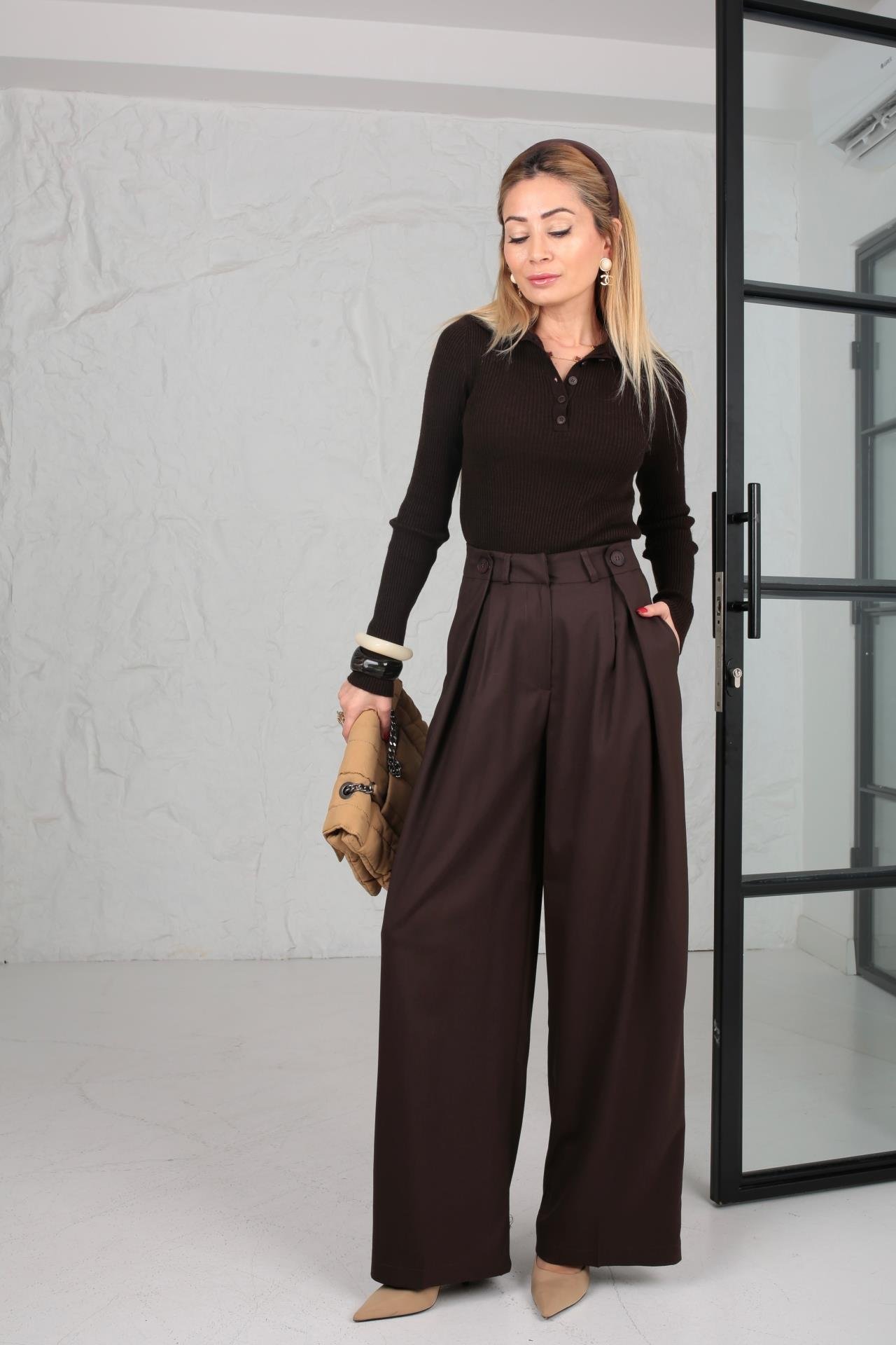 Pileli Düğme Detay Kahve Palazzo Pantolon PANTOLON