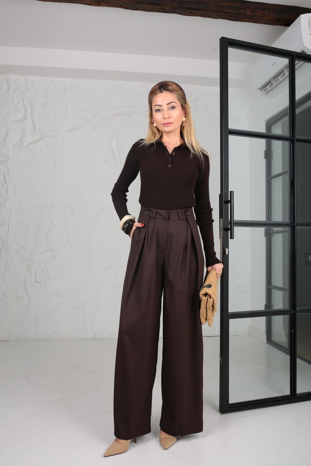 Pileli Düğme Detay Kahve Palazzo Pantolon PANTOLON