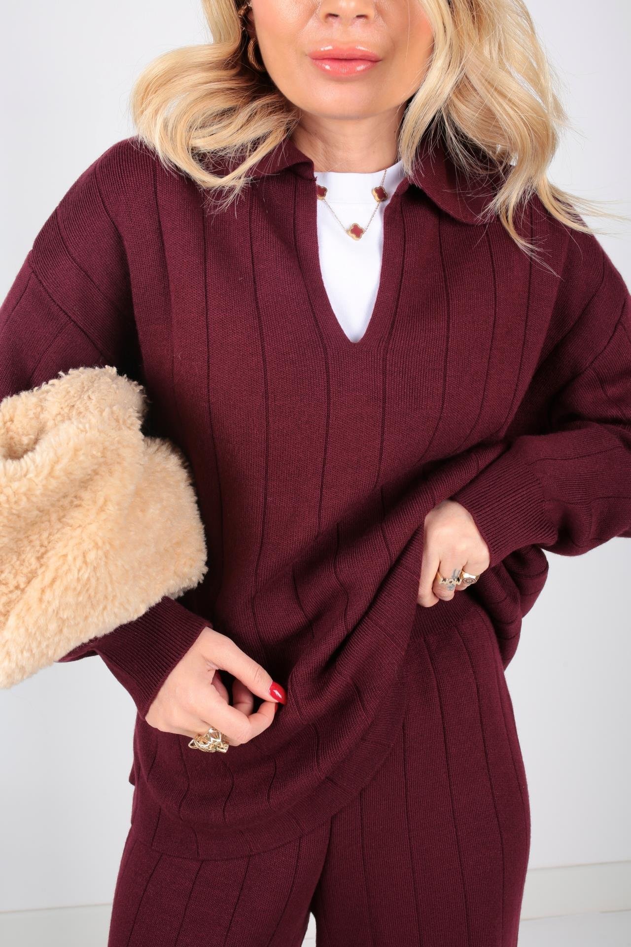 Polo Yaka Bordo Pantolonlu Triko Takım TAKIM