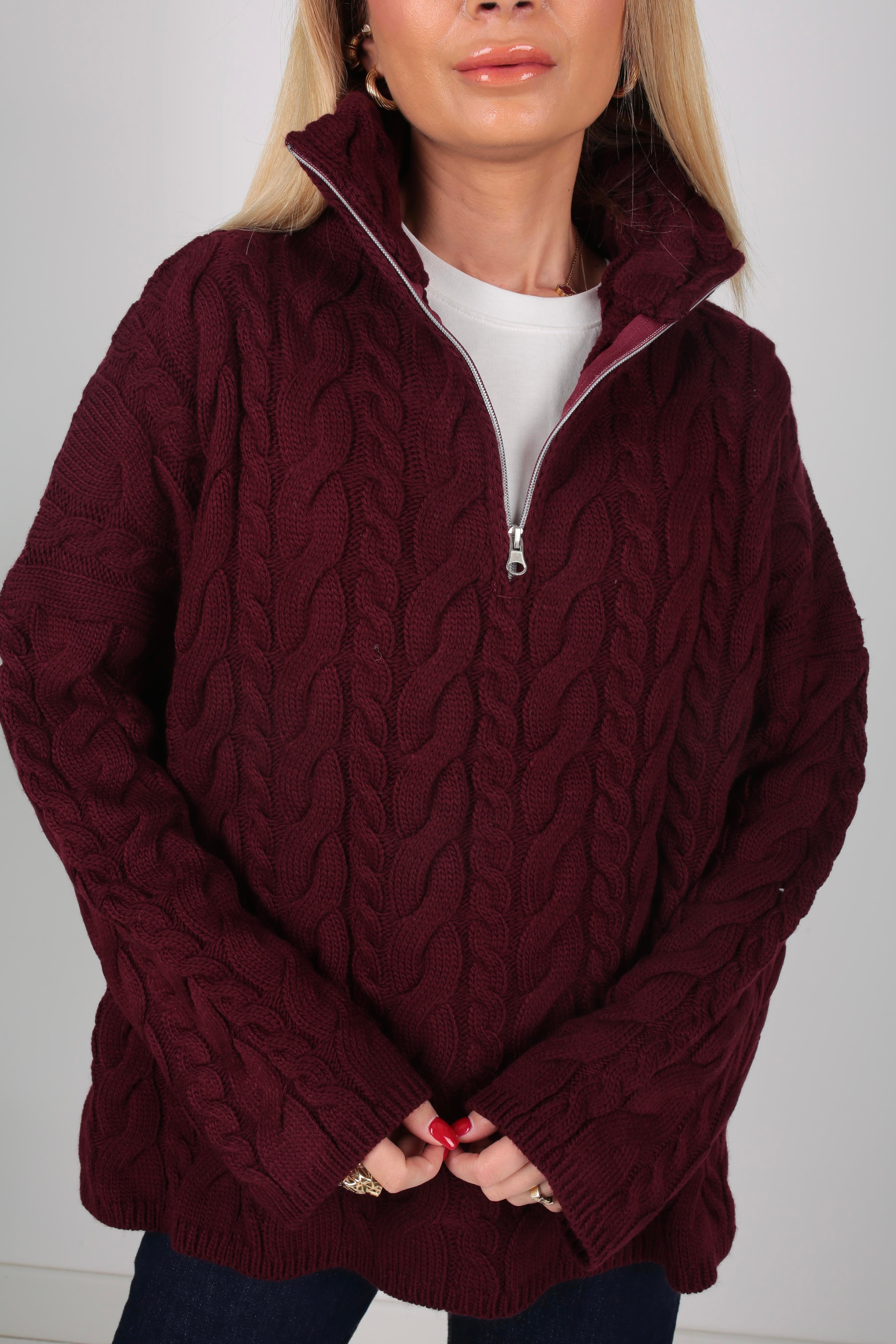 Polo Yaka Bordo Saç Örgülü Fermuarlı Kazak TRİKO VE KAZAK