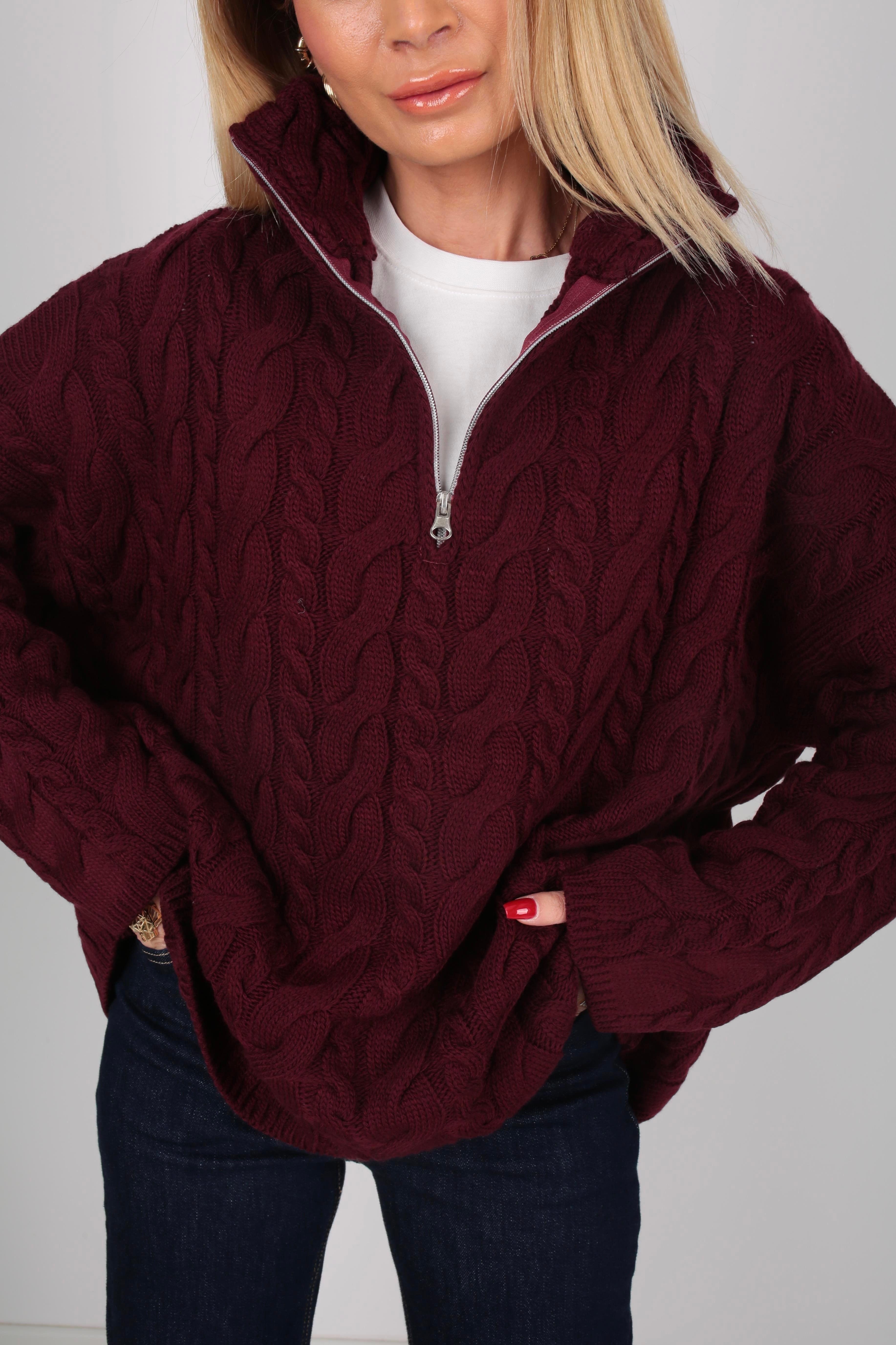 Polo Yaka Bordo Saç Örgülü Fermuarlı Kazak TRİKO VE KAZAK