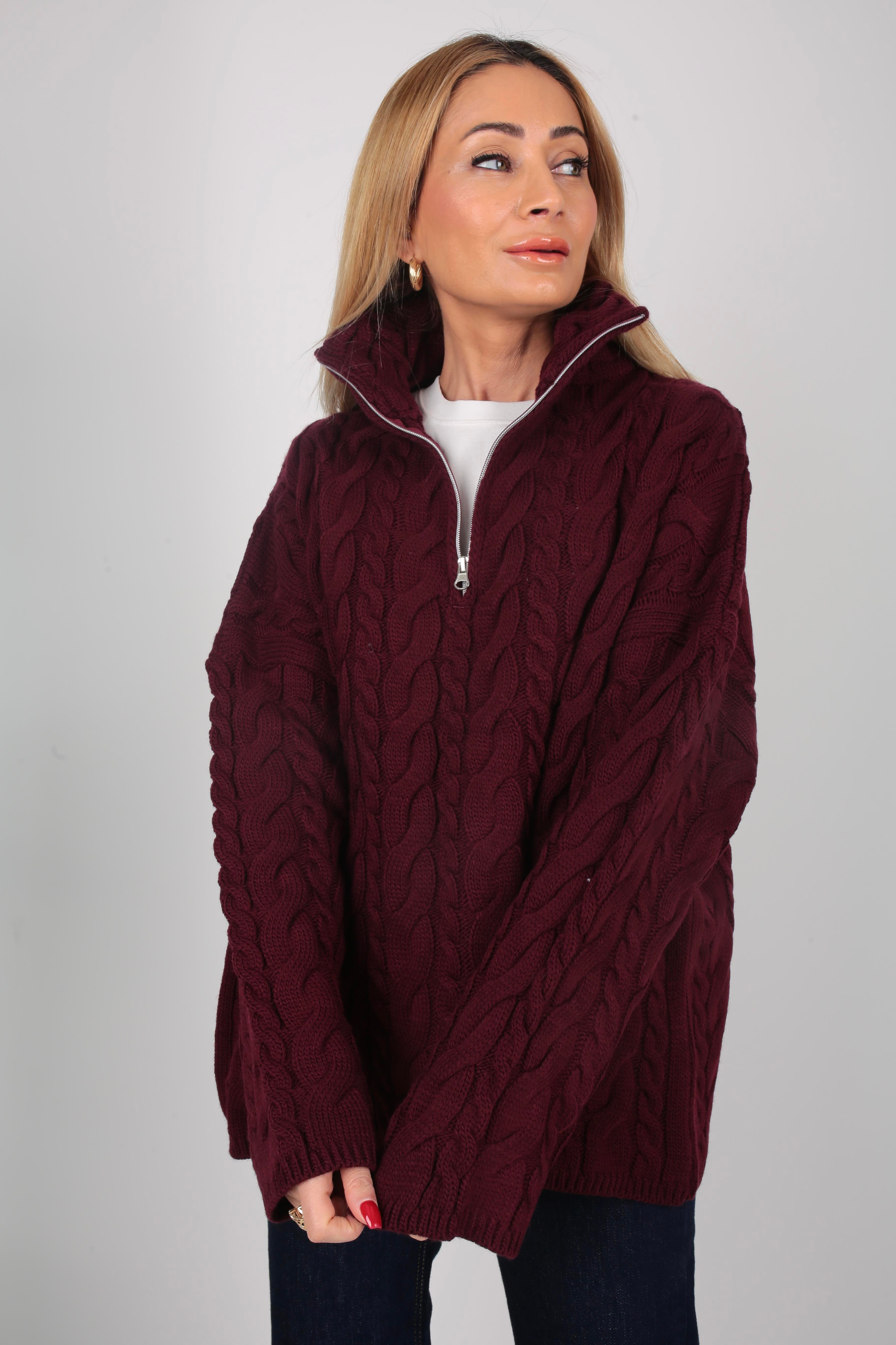 Polo Yaka Bordo Saç Örgülü Fermuarlı Kazak TRİKO VE KAZAK