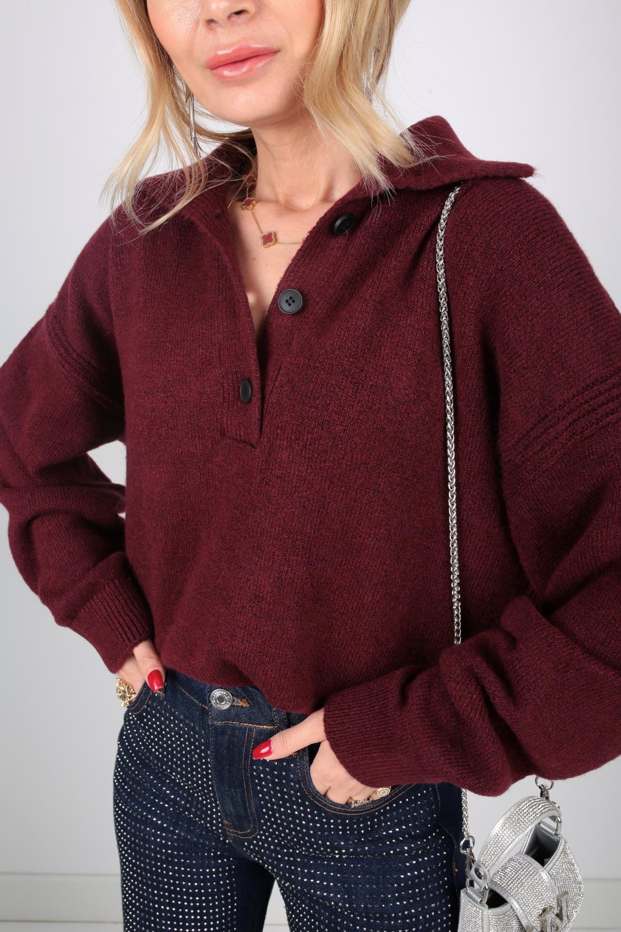 Polo Yaka Düğme Detay Bordo Kazak TRİKO VE KAZAK