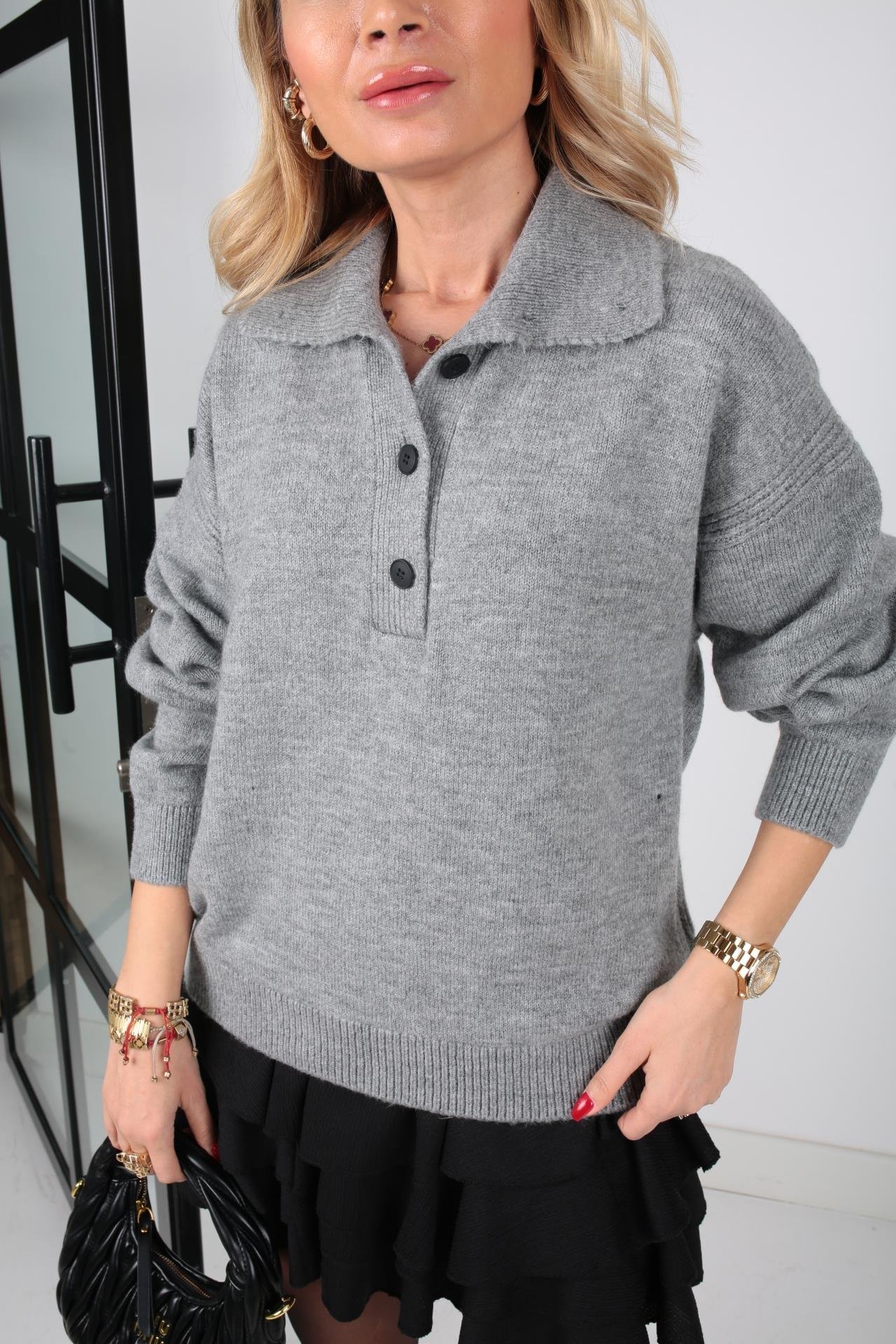 Polo Yaka Düğme Detay Gri  Kazak TRİKO VE KAZAK