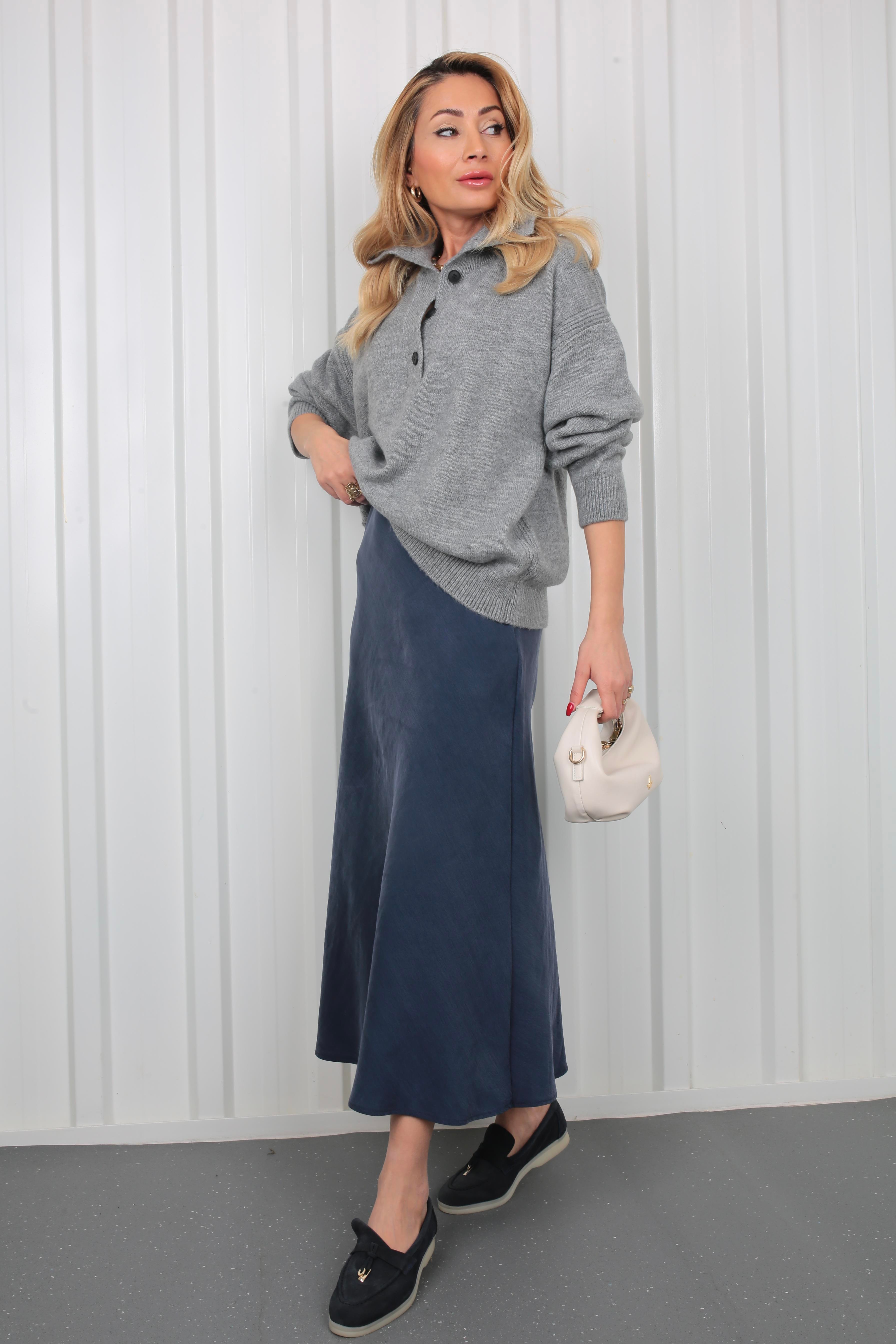 Polo Yaka Düğme Detay Gri  Kazak TRİKO VE KAZAK