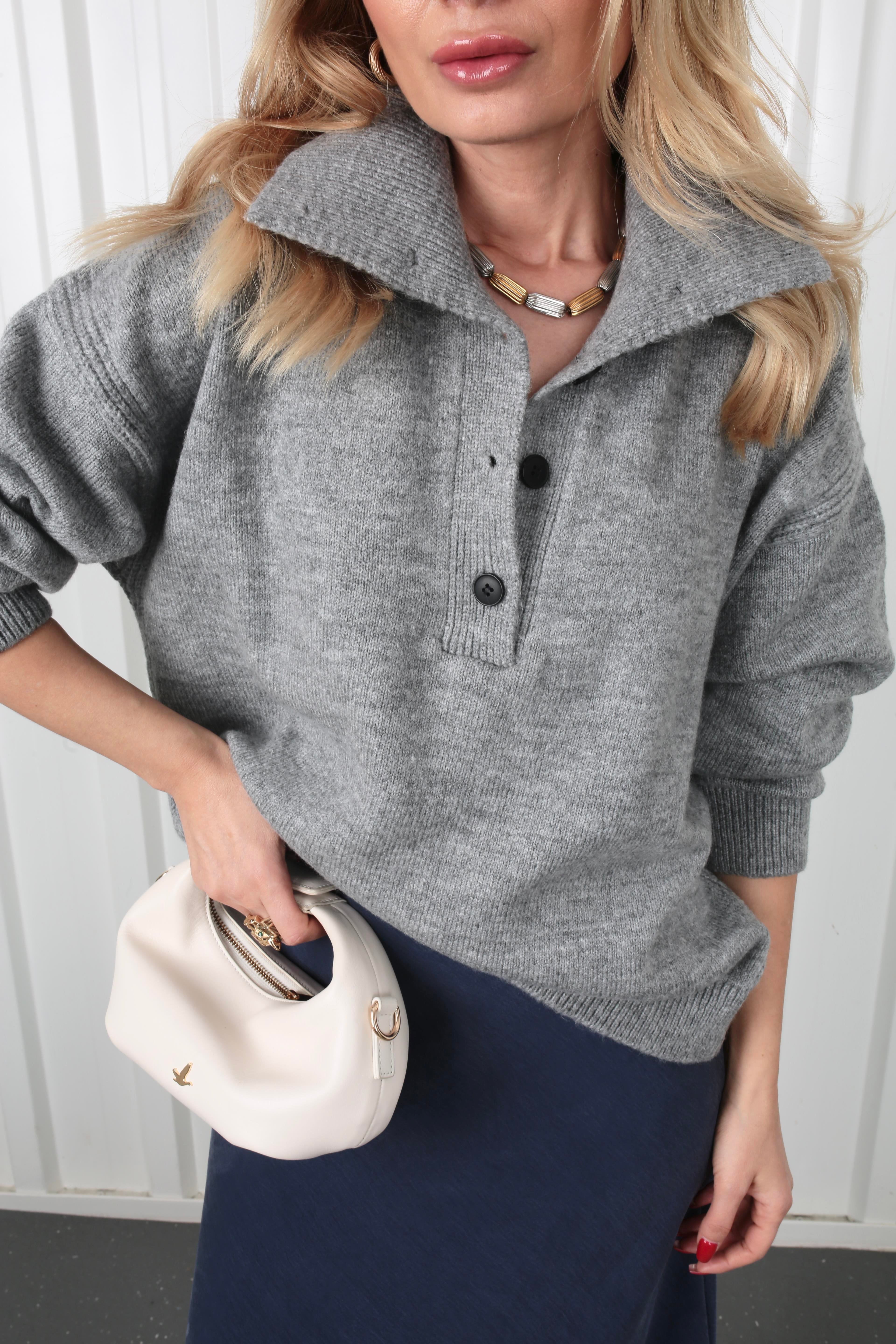 Polo Yaka Düğme Detay Gri  Kazak TRİKO VE KAZAK