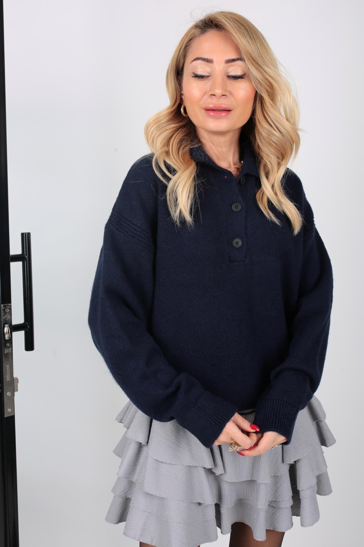 Polo Yaka Düğme Detay Lacivert Kazak TRİKO VE KAZAK