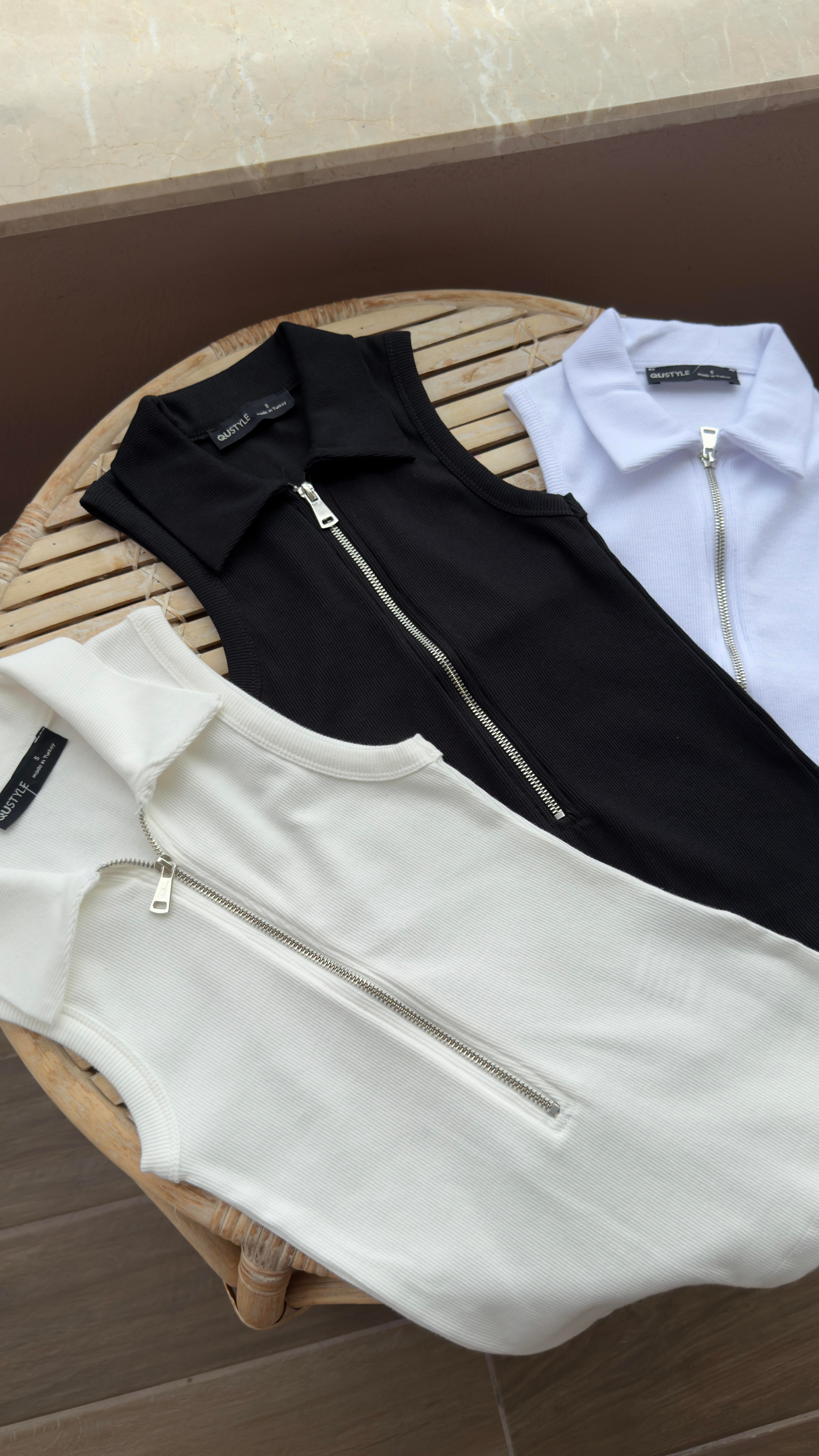 Polo Yaka Fermuarlı Ekru Fitilli Bluz BLUZ | NO33